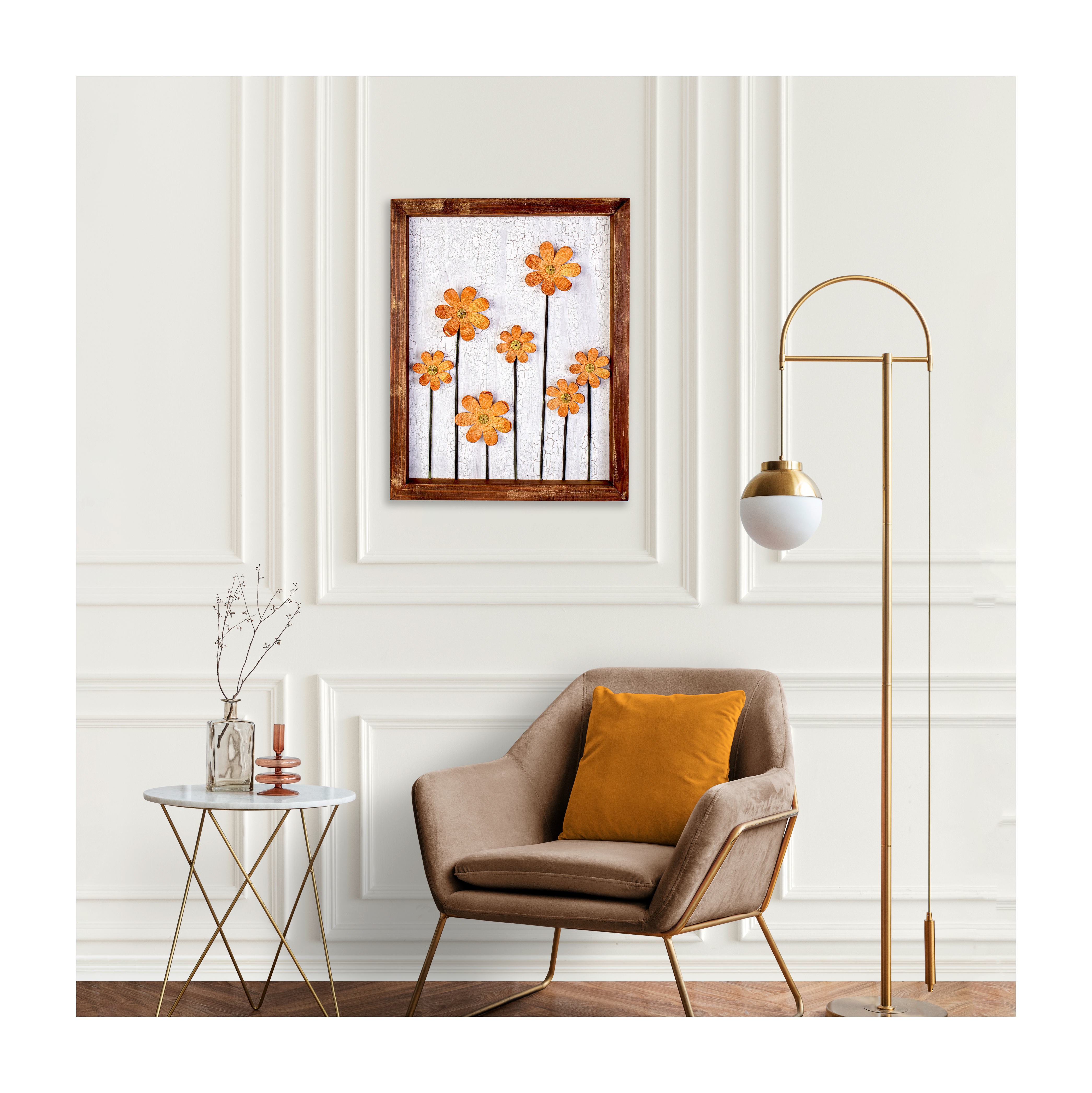 Wall Decor Handmade Daisy Field Orange 3D Floral Art with Metallic Effect Approx H14 X L11 X D0.98inch