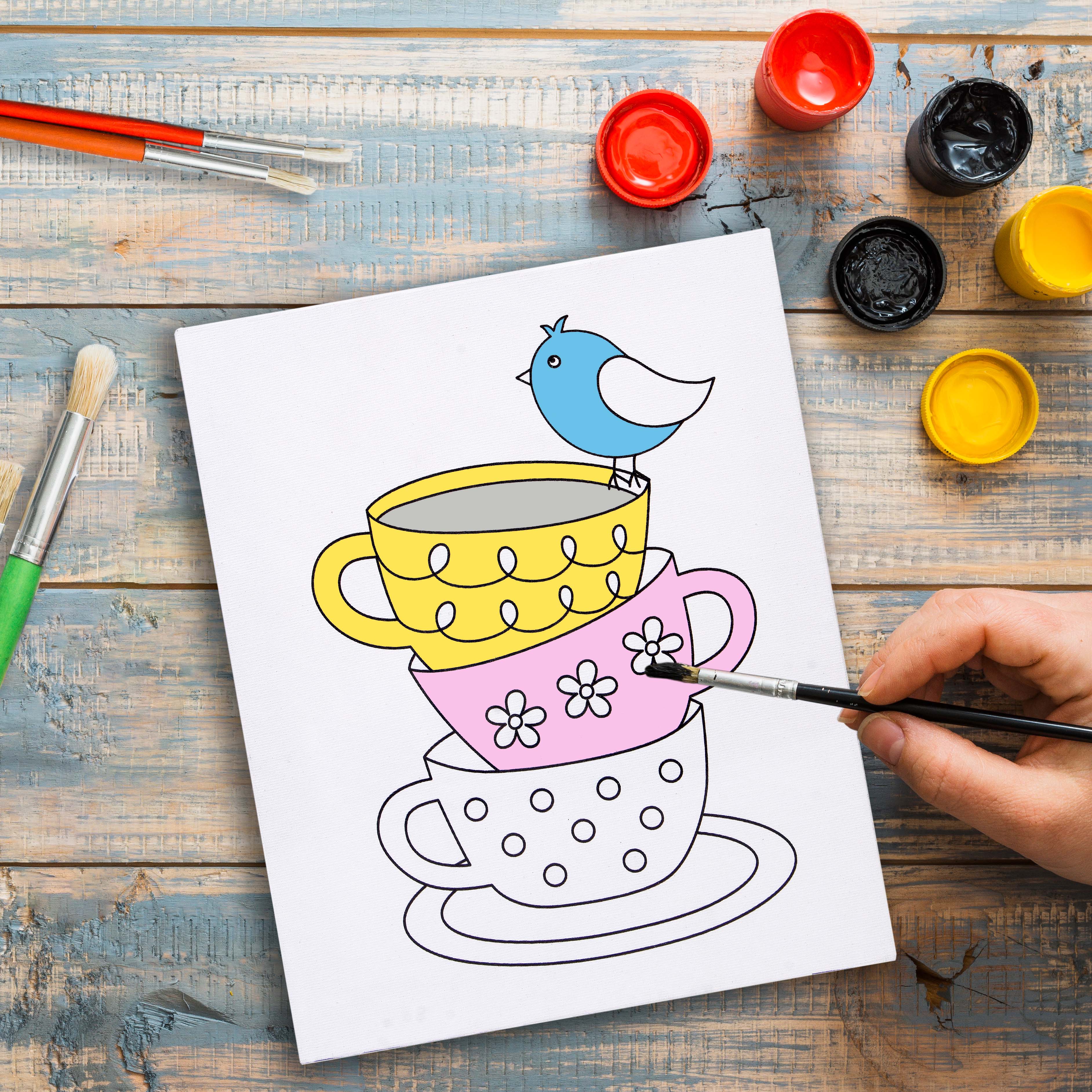 Pre -printed Canvas With Colours Tea Cups Painting Kit 8 X10inch