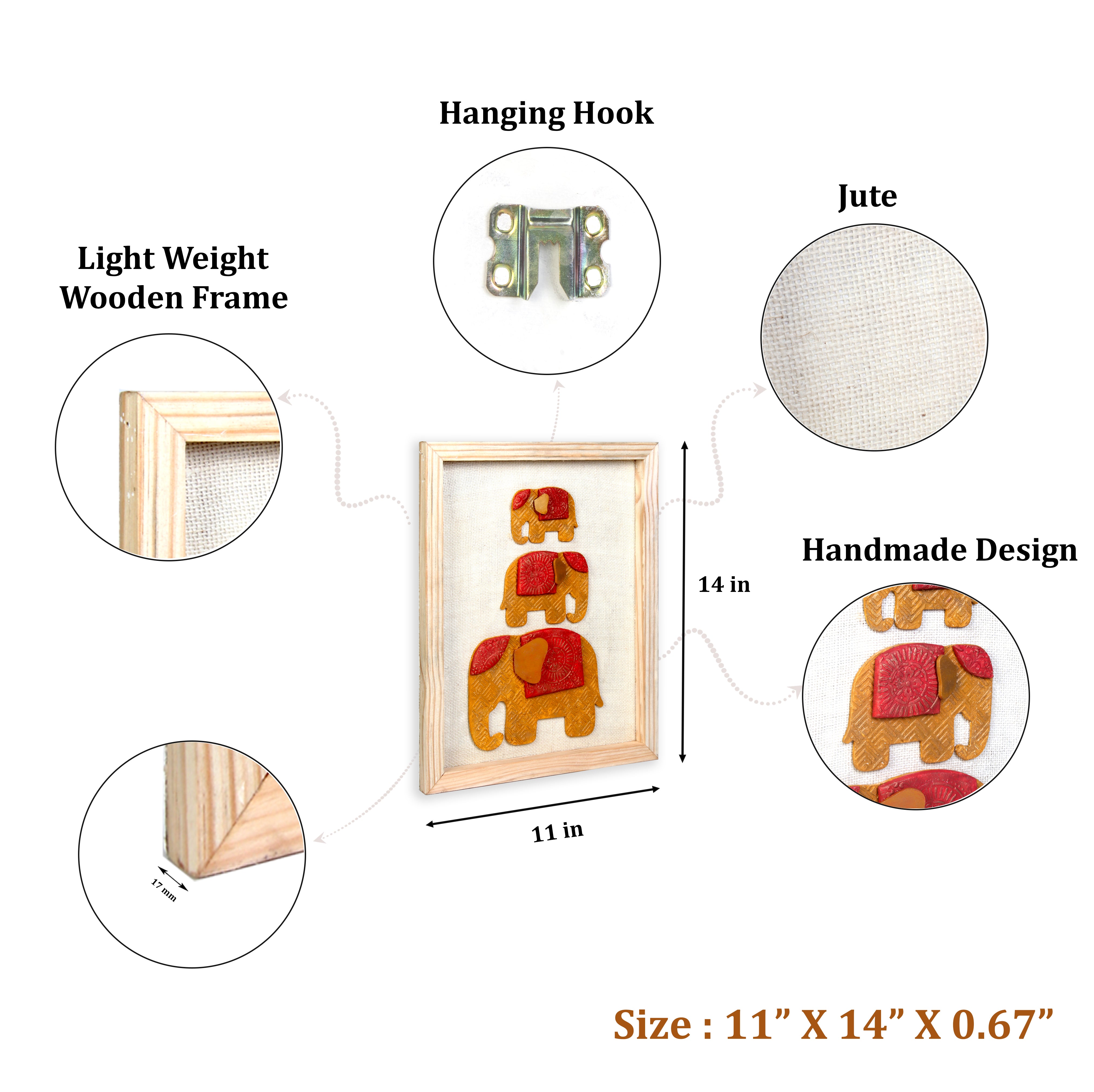 Wall Decor Handmade Majestic Elephant Yellow and Red with Wooden Frame Approx H14 X L11 X D0.66inch