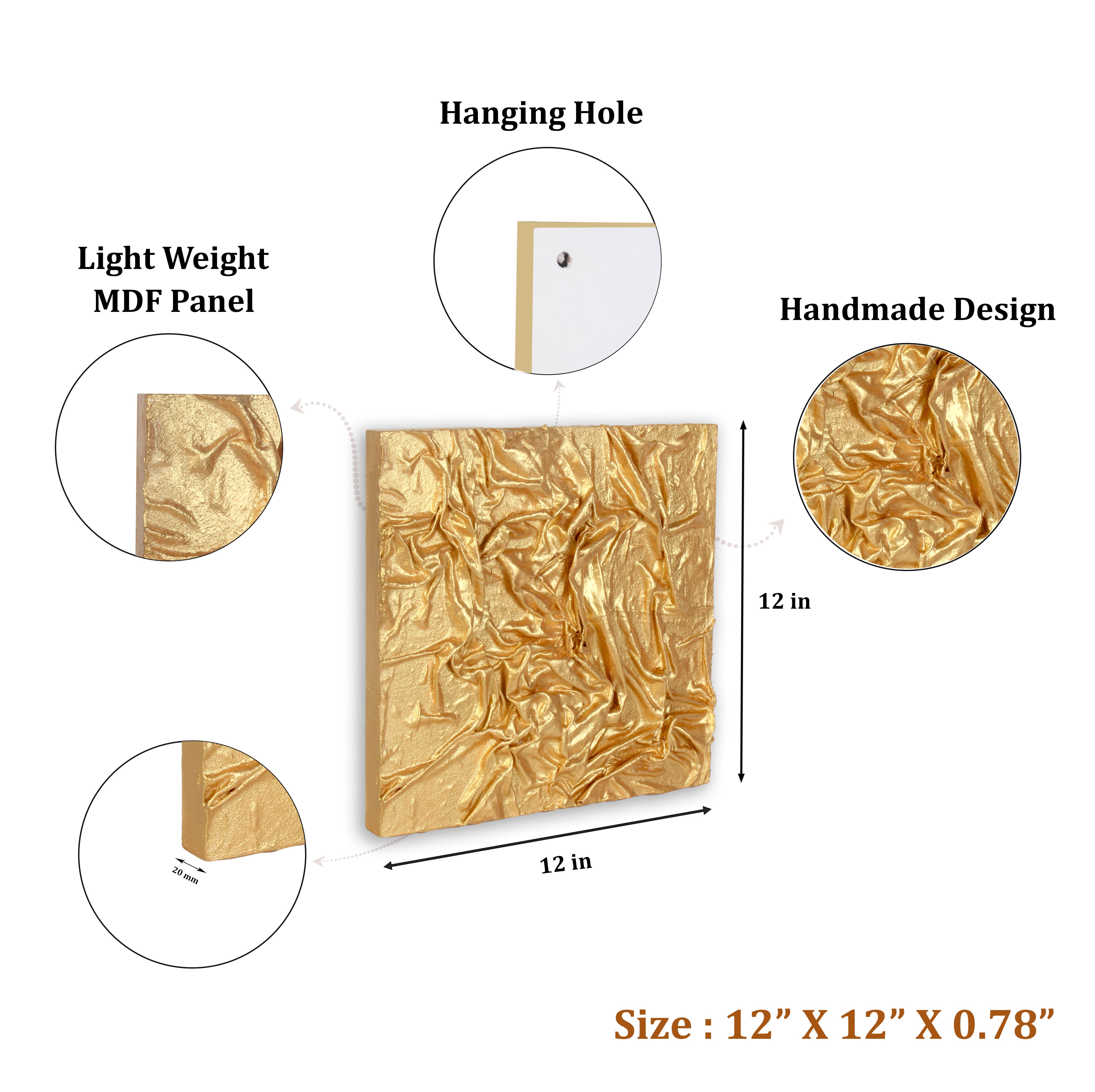 Wall Decor Faux Leather Art Gold Sheen Approx H12 X L12 X D0.78inch 1pc