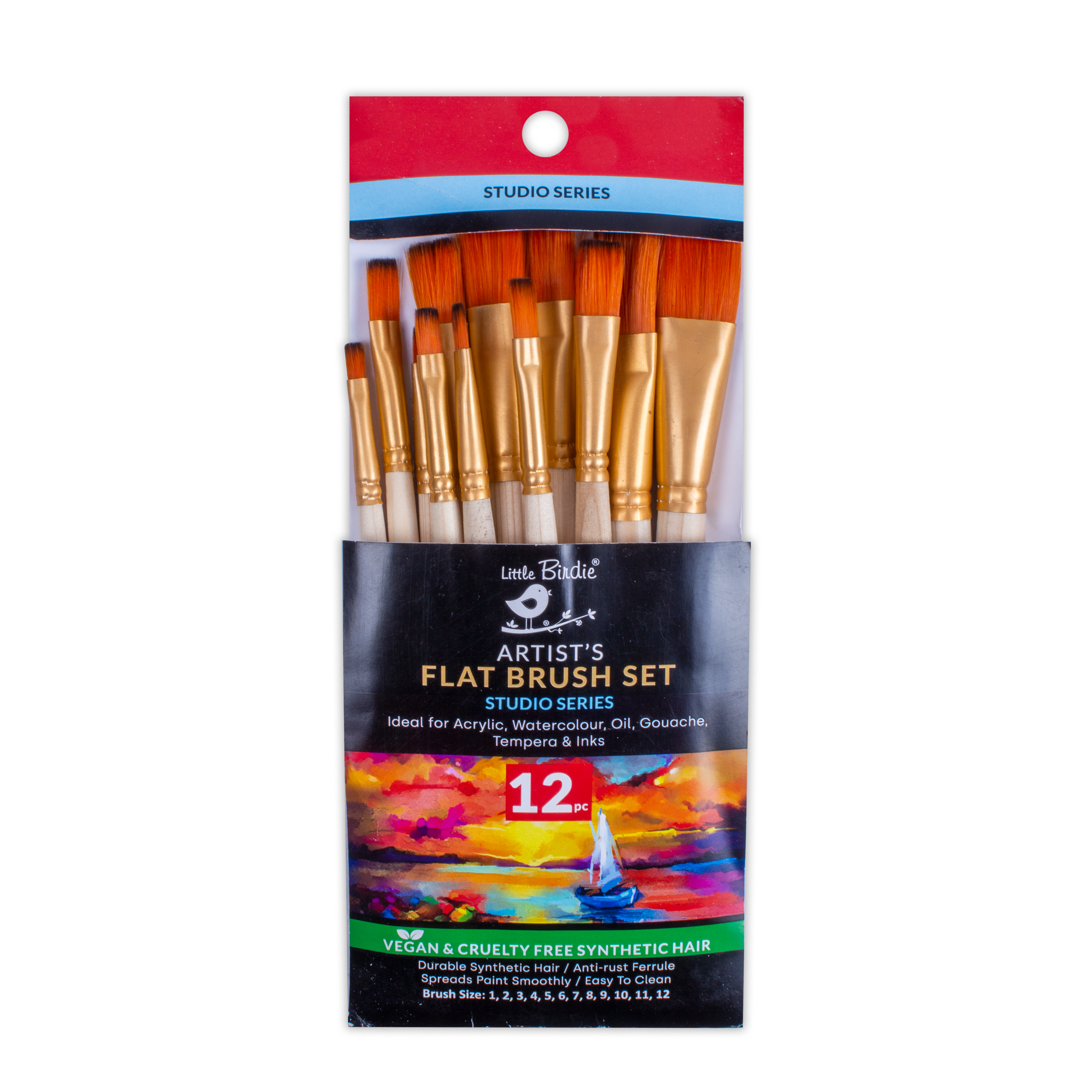 Synthetic Hair Flat Brushes No.1 To No.12 12pcs Set