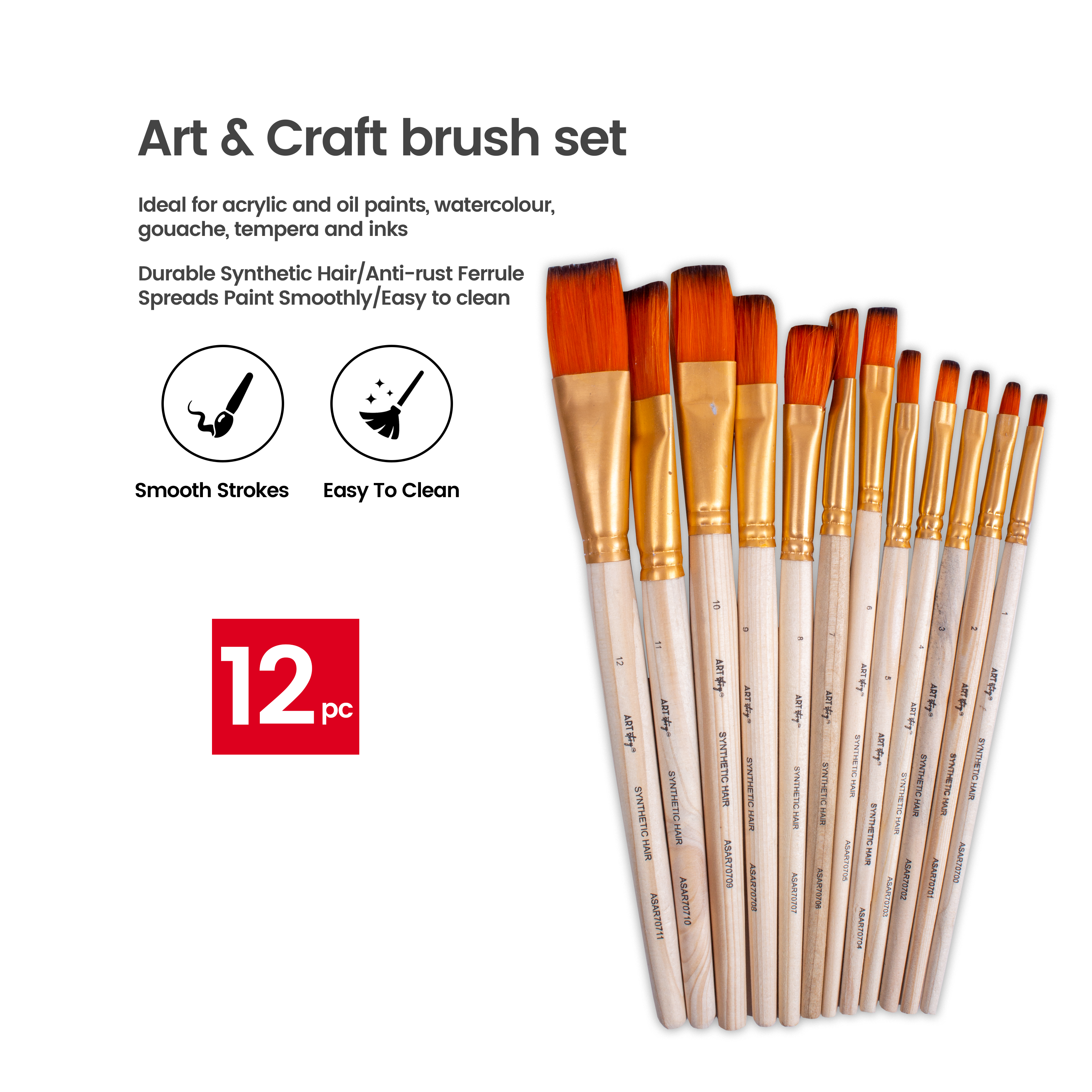 Synthetic Hair Flat Brushes No.1 To No.12 12pcs Set