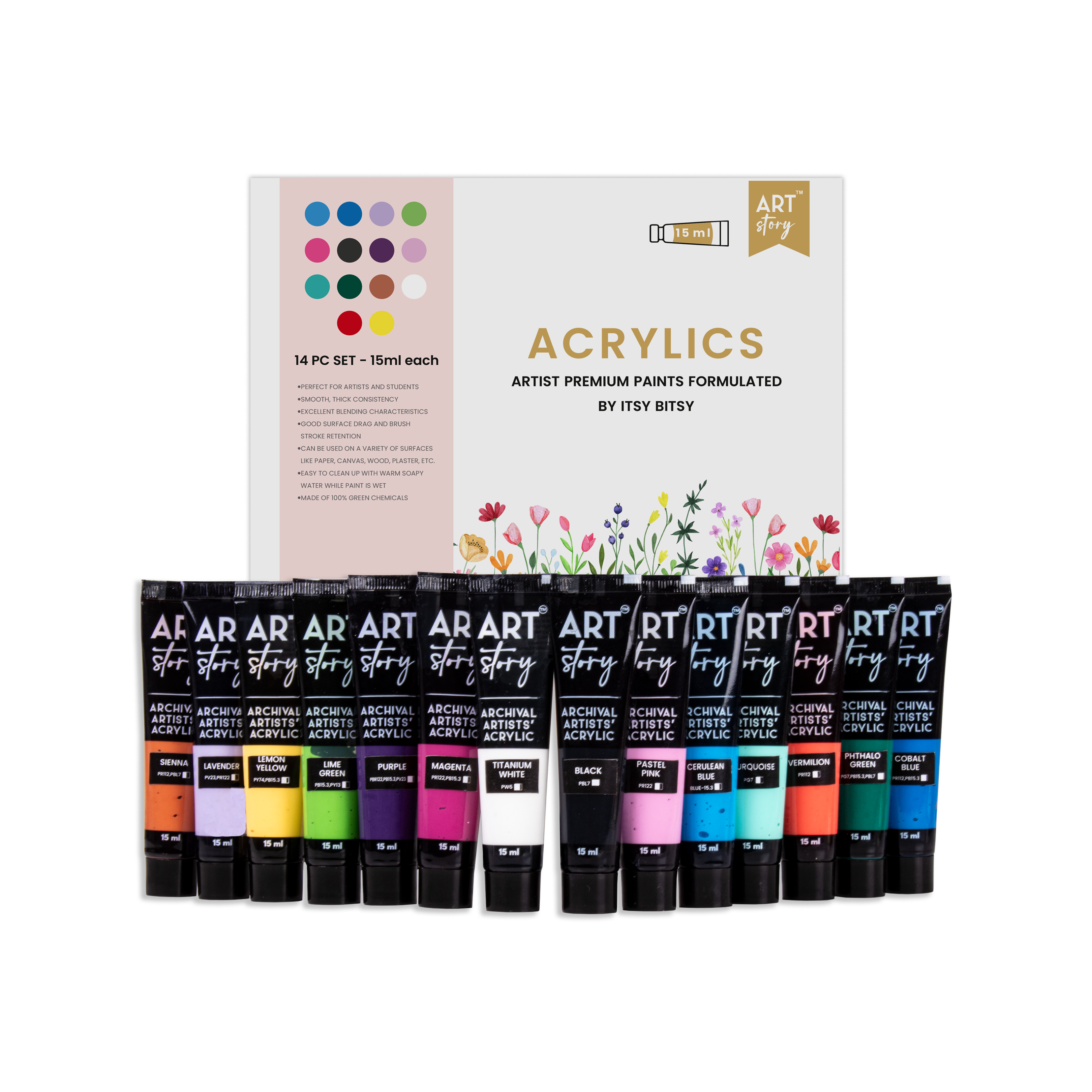 Artists Acrylic Colour Set 14 Colors X 15ml each