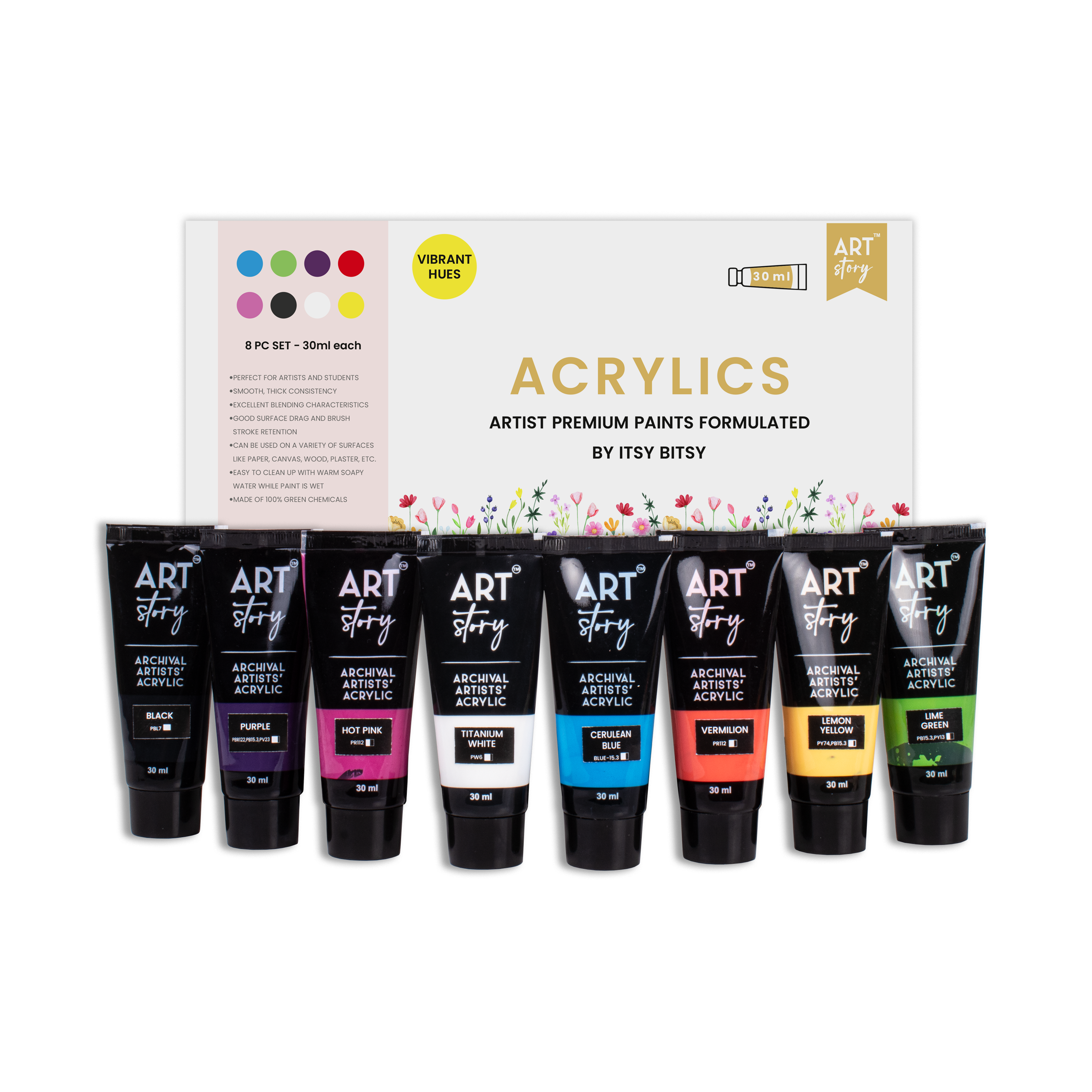 Artists Acrylic Colour Set Bright 8 colours X 30ml each
