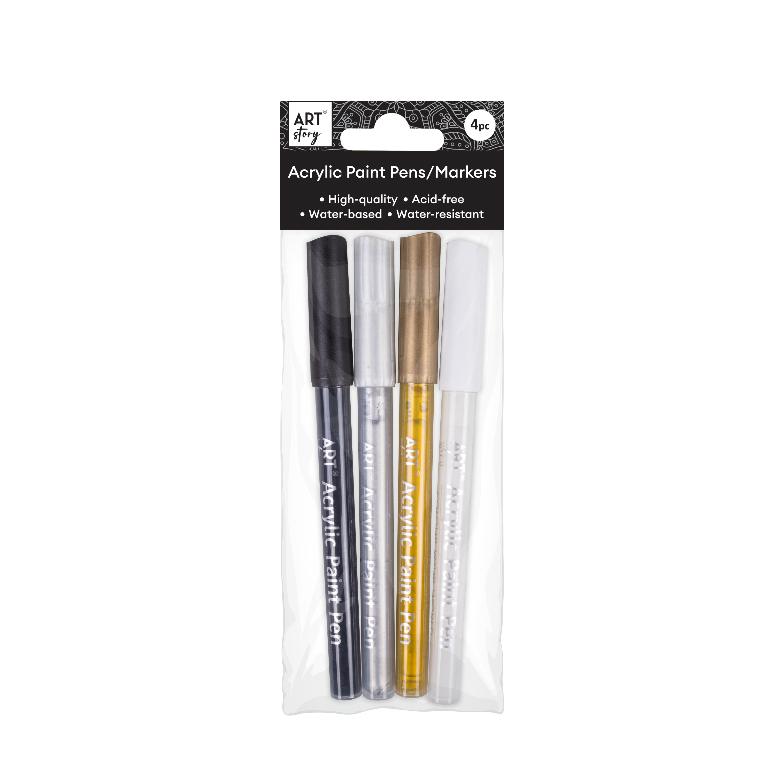Acrylic Paint Marker Pen Water Based Gold , Silver, White & Black 1mm Tip Pack Of 4pc