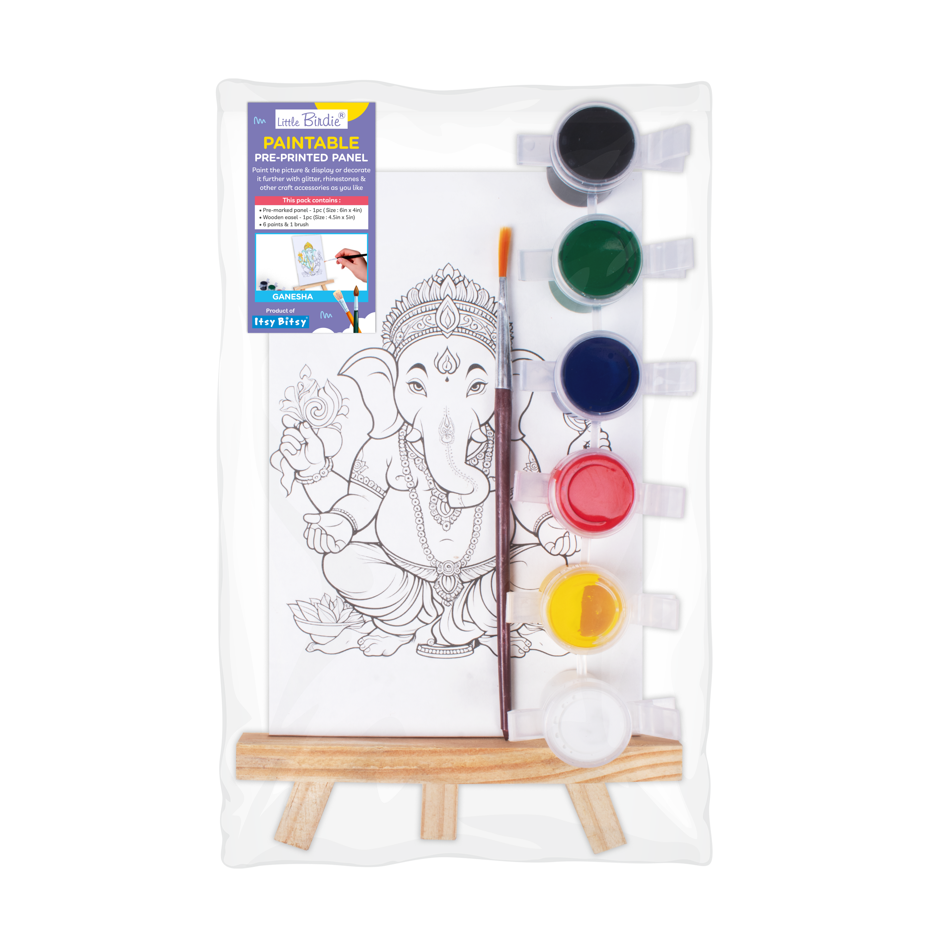 Paintable Pre-Printed Panel with Easel & Paints - Ganesha, Approx 4in x 6in, Easel size 11cm, 1pc