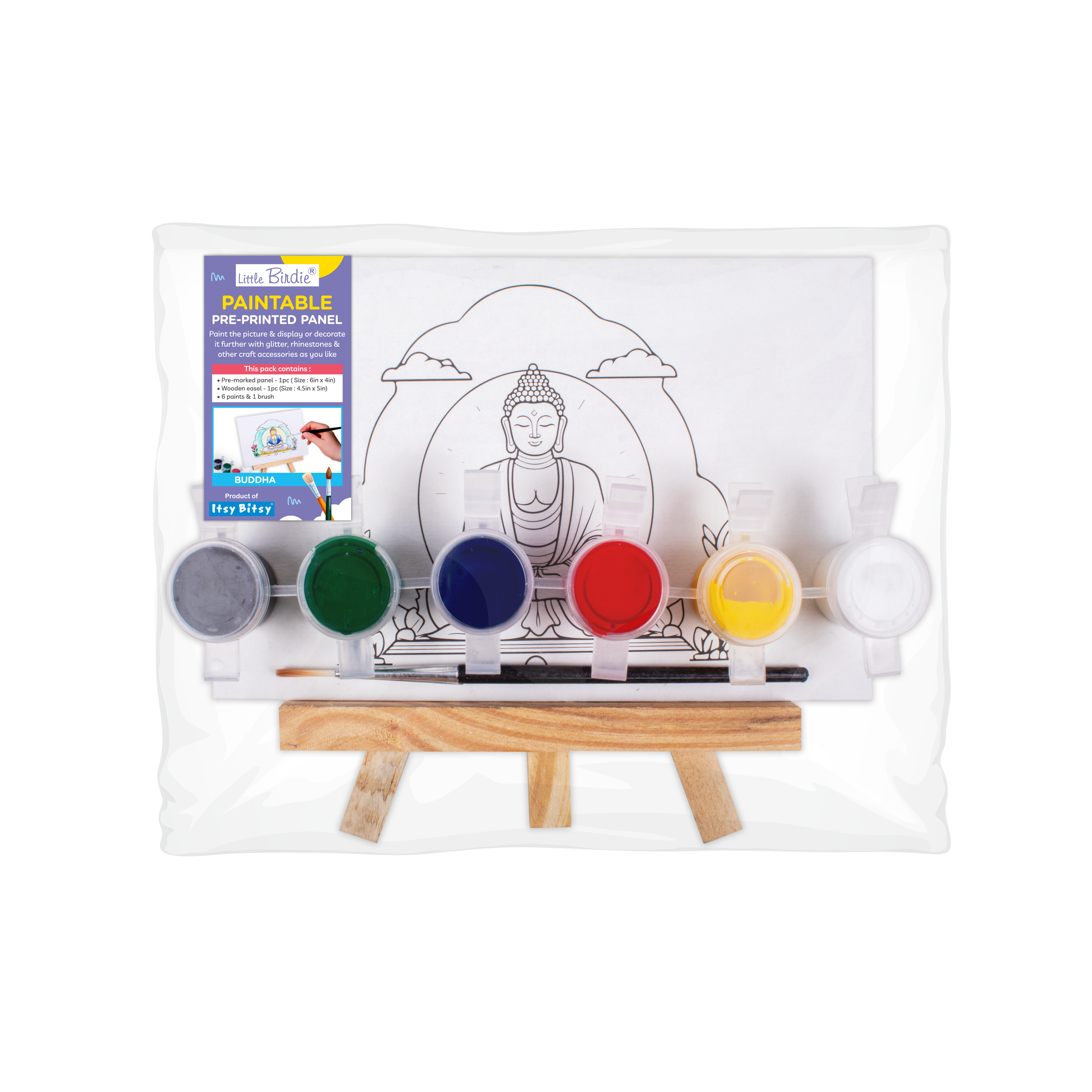 Paintable Pre-Printed Panel with Easel & Paints - Buddha, Approx 4in x 6in, Easel size 11cm, 1pc
