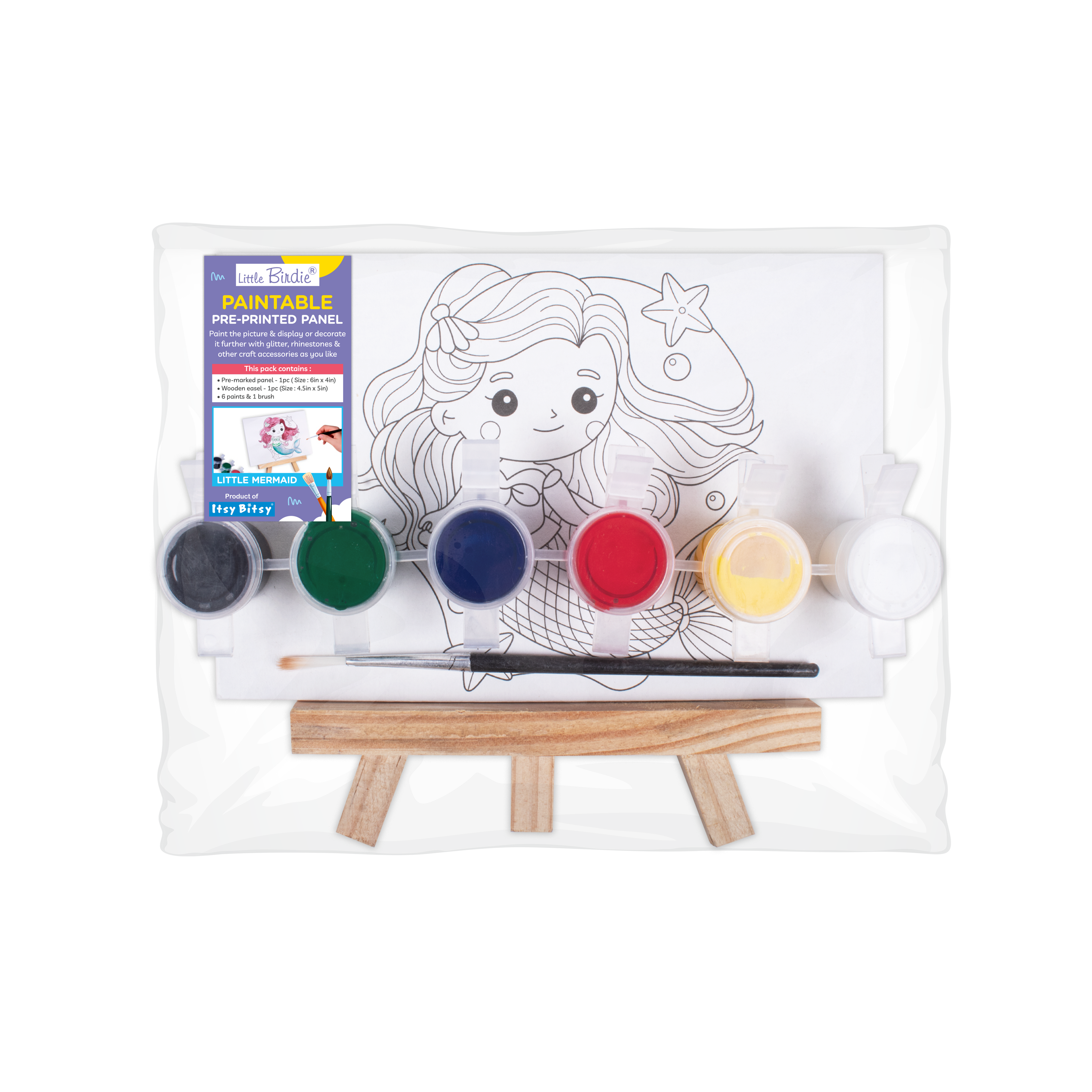 Paintable Pre-printed Panel with Easel & Paints - Little Mermaid, Approx 4inx6inch, Easel size 11cm, 1pc
