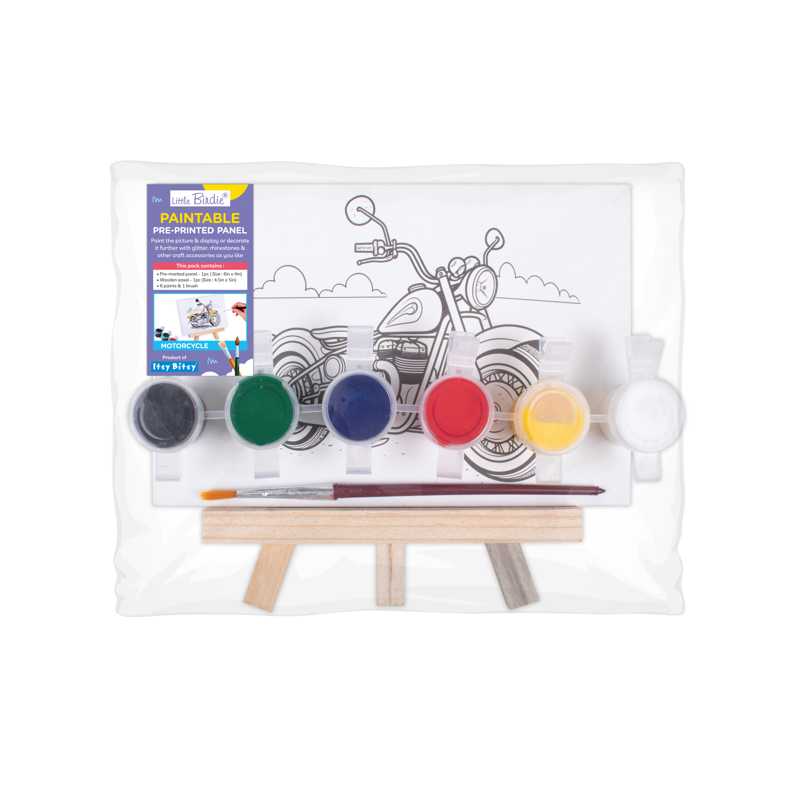 Paintable Pre-printed Panel with Easel & Paints - Motorcycle, Approx. 4in x6in, Easel size 11cm, 1pc