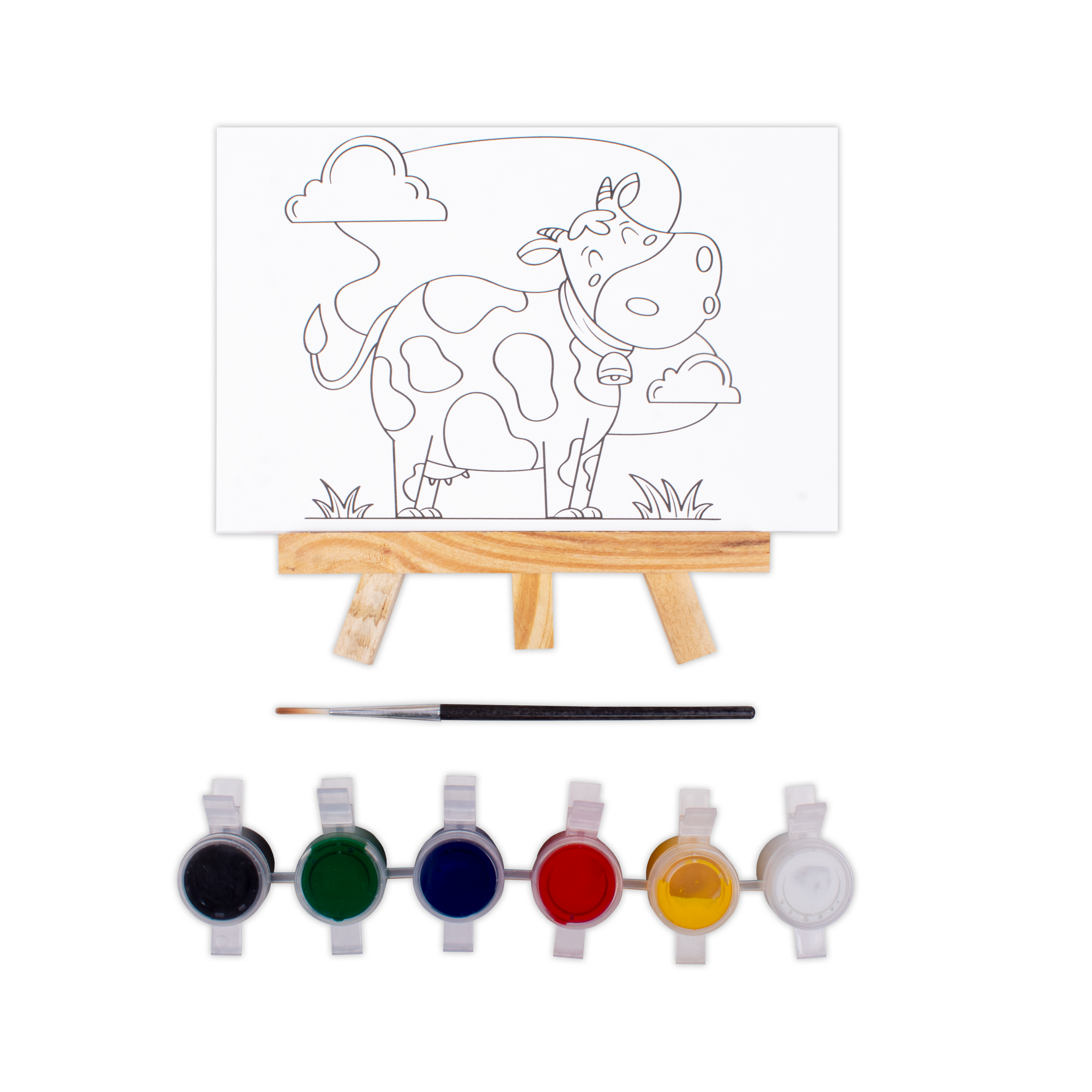 Paintable Pre-printed Panel with Easel & Paints - Cow, Approx 4in x 6in, Easel size 11cm, 1pc