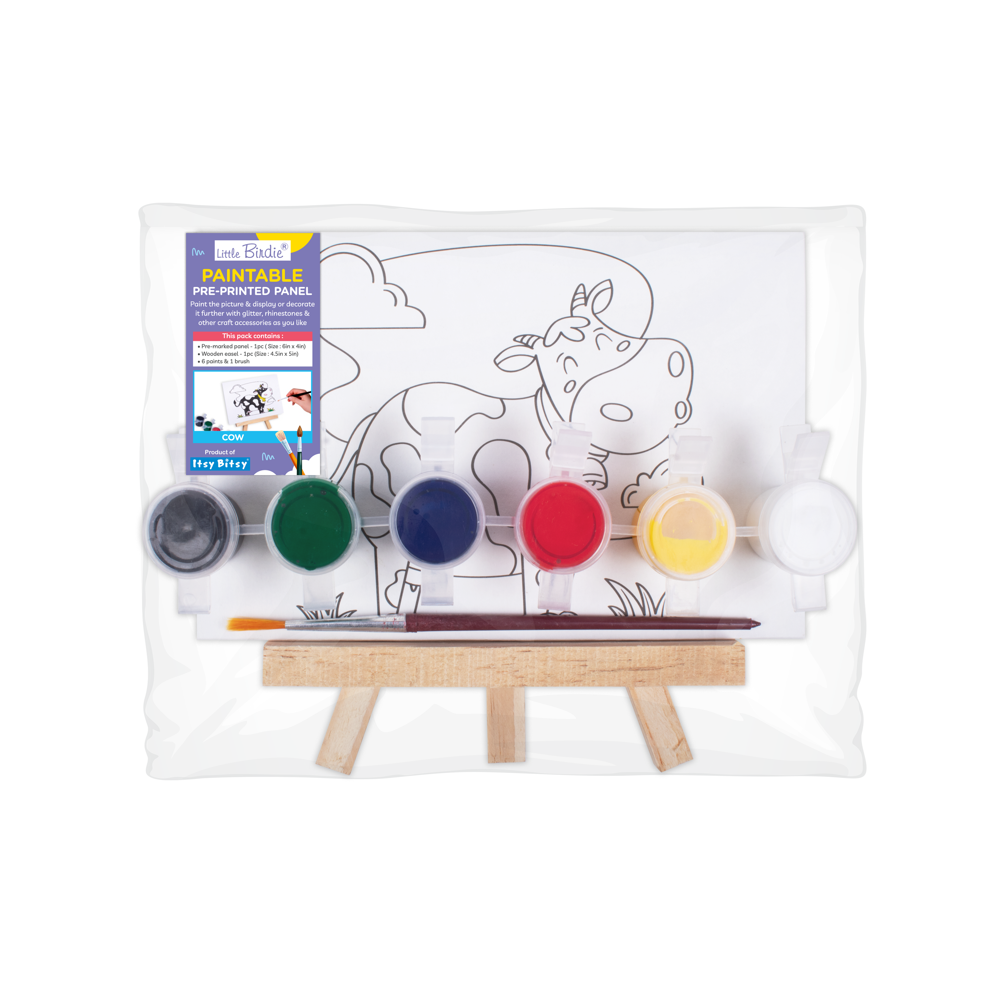 Paintable Pre-printed Panel with Easel & Paints - Cow, Approx 4in x 6in, Easel size 11cm, 1pc