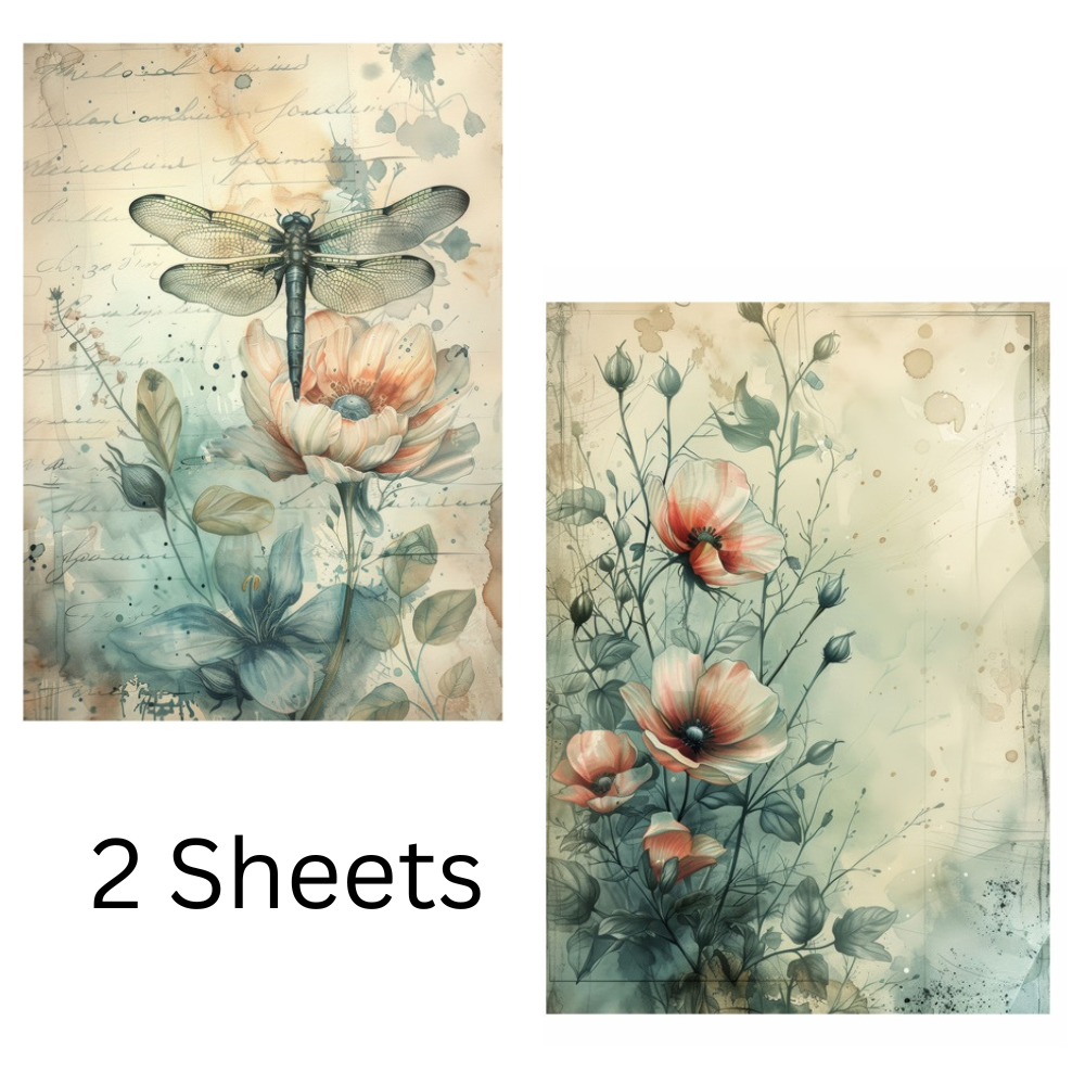 Filament Decoupage Paper Dragonfly Blossom 2Designs 60GSM A4 2Sheets