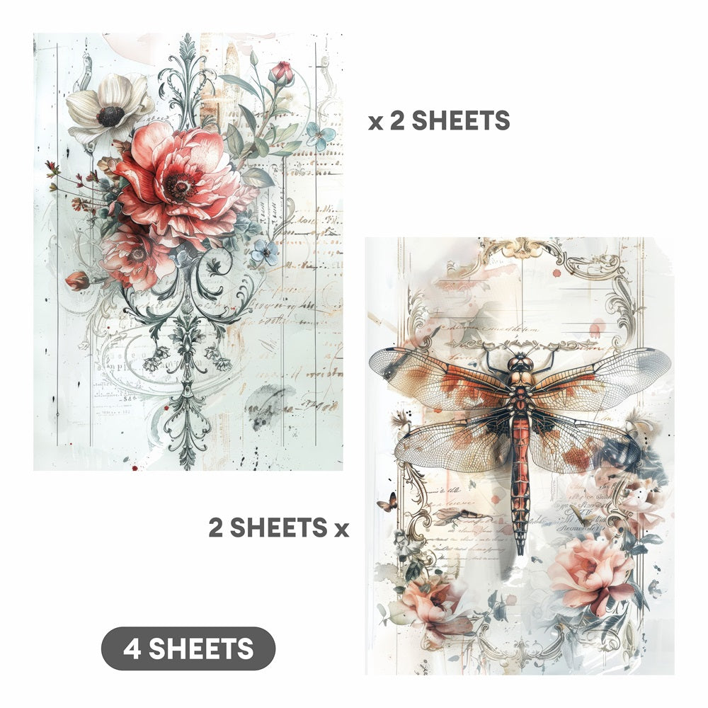 Decoupage Paper Dragonfly & Poppy 2Designs 70GSM A4 4Sheets