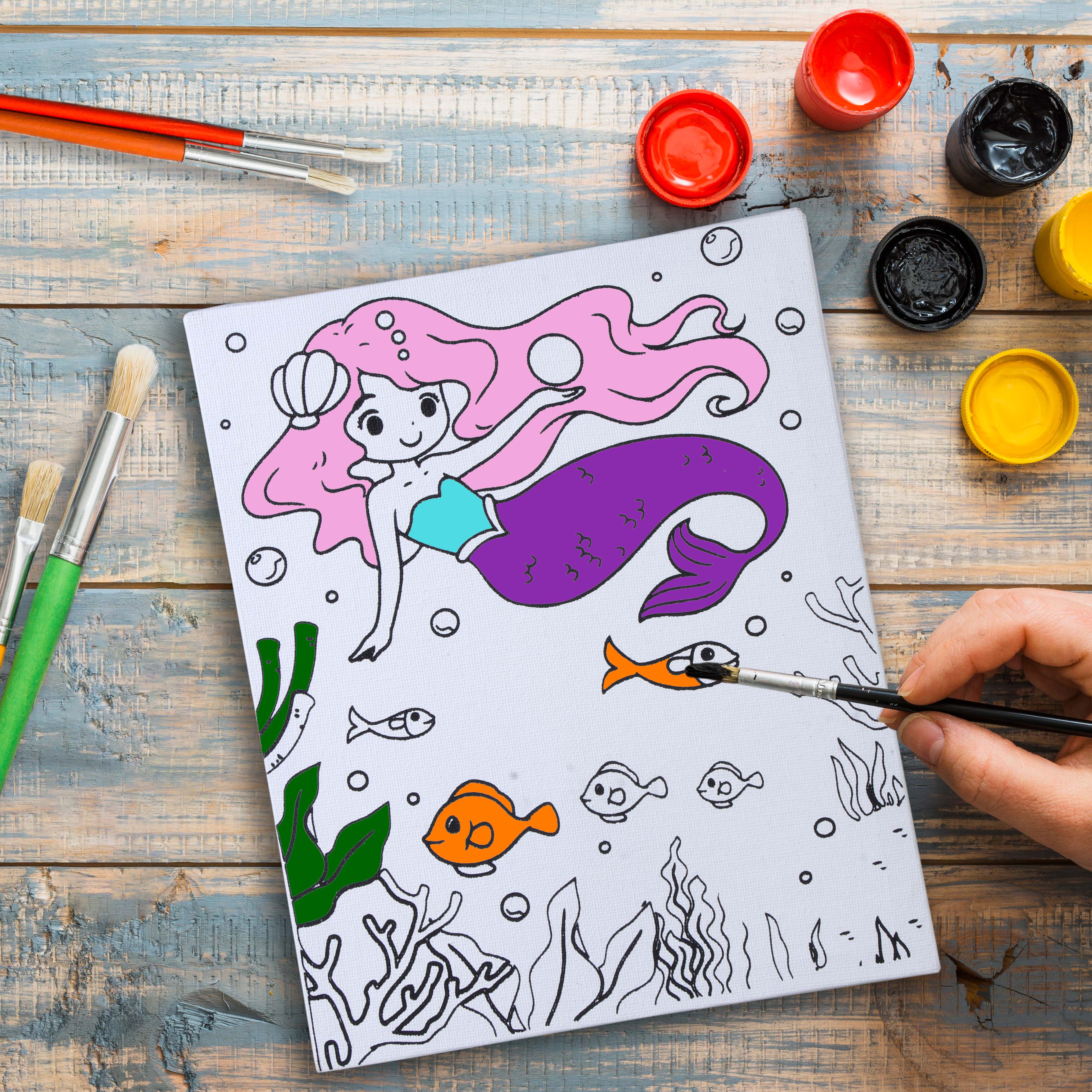 Pre -printed Canvas With Colours Mermaid World Painting Kit 8 X10inch