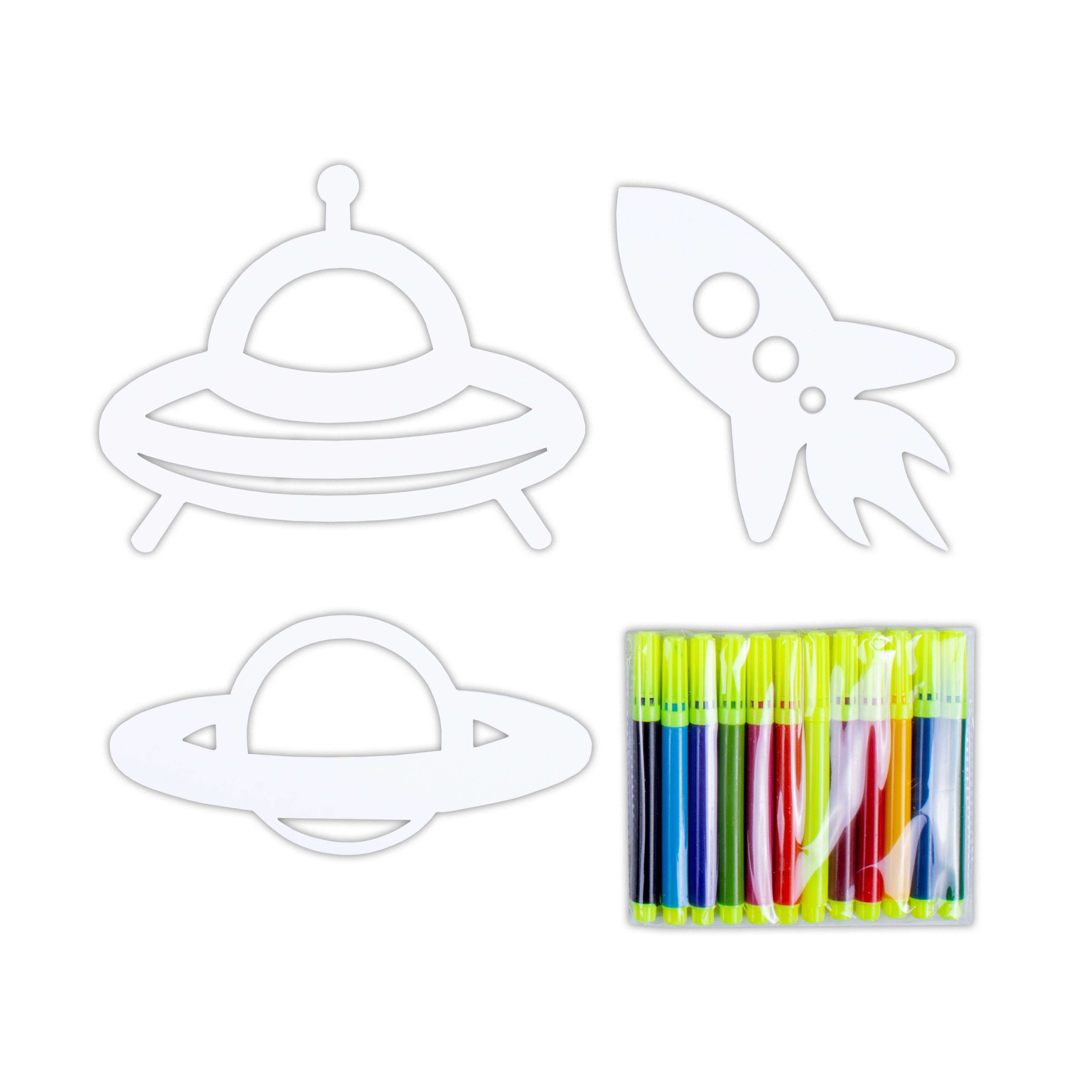 Colour Me Space Travel Pre- Cut Shapes with 12 Colour Markers 10Pc Box