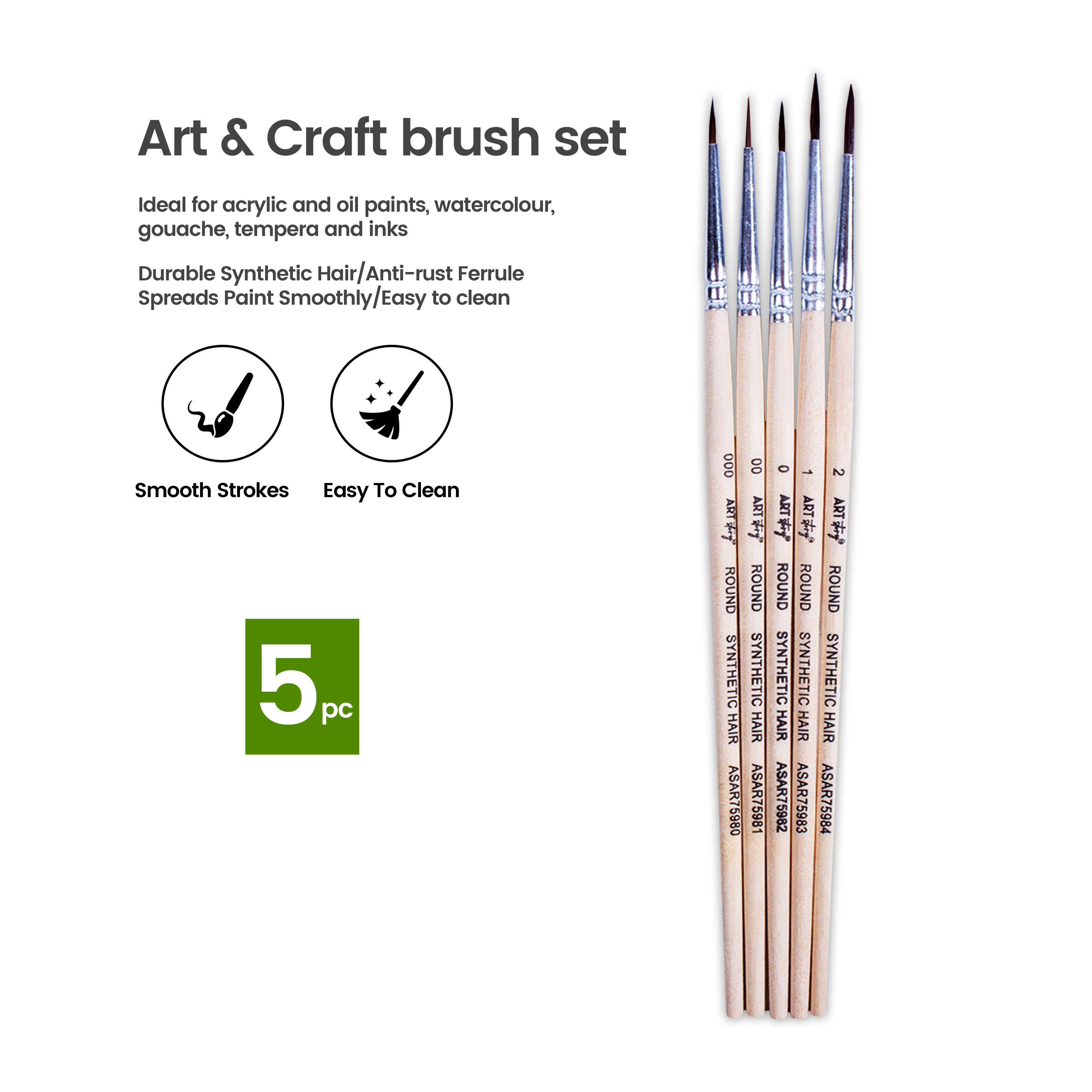 Watercolour Brush Round Synthetic Hair Size 000 00 0 1 2 Set of 5pc