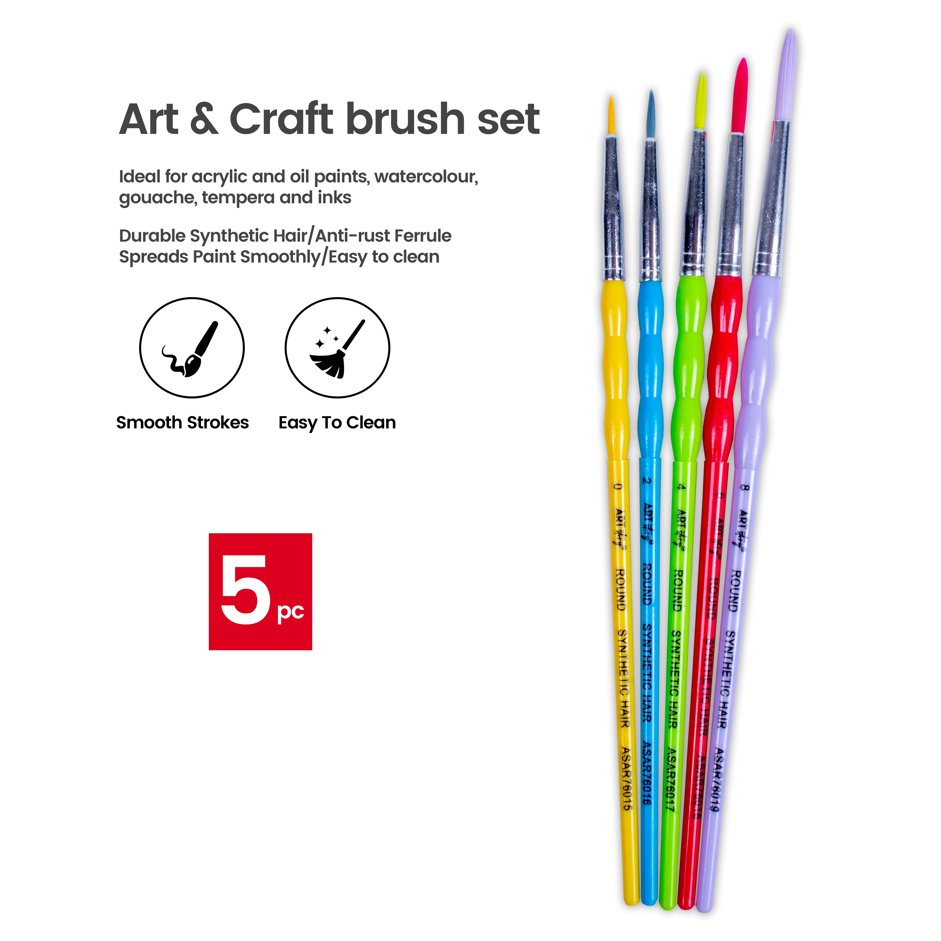 Kids Hobby Brush Round Synthetic Hair Size 0 2 4 6 8 Set of 5pc