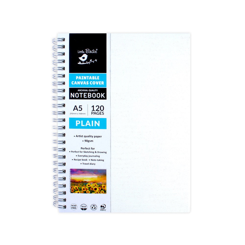 Paintable Canvas Wiro Bound Plain Notebook Portrait A5 90gsm 120 Pages