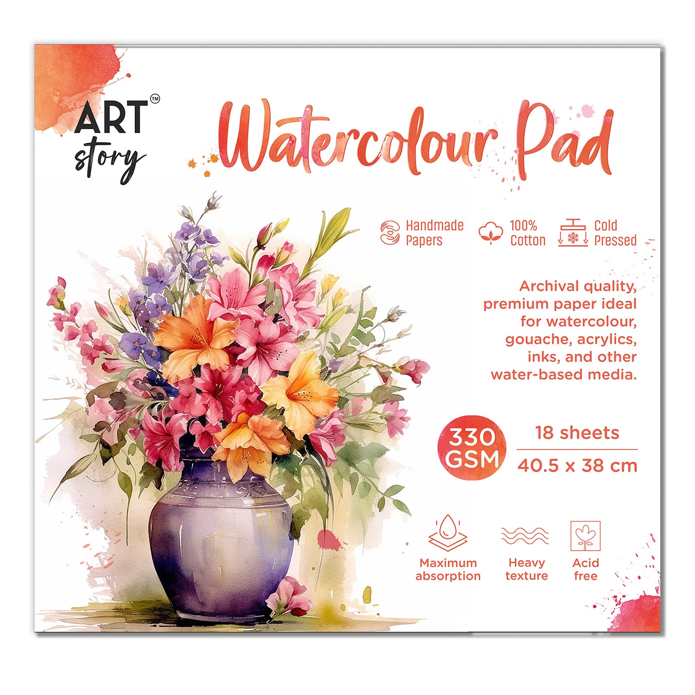 Watercolour Pad Flap Over Cover Page 40.5 X 38cm 350gsm 18 Sheets