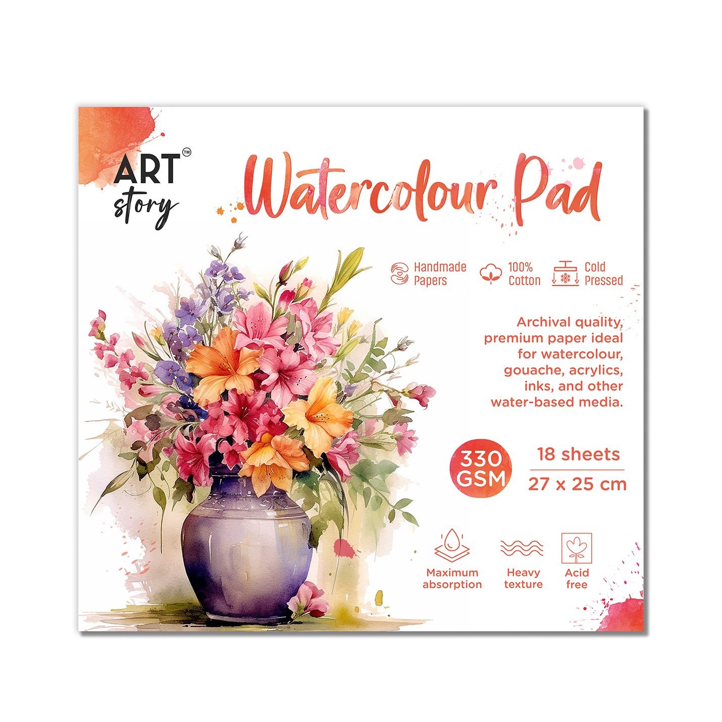 Watercolour Pad Flap Over Cover Page 27 X 25cm 350gsm 18 Sheets