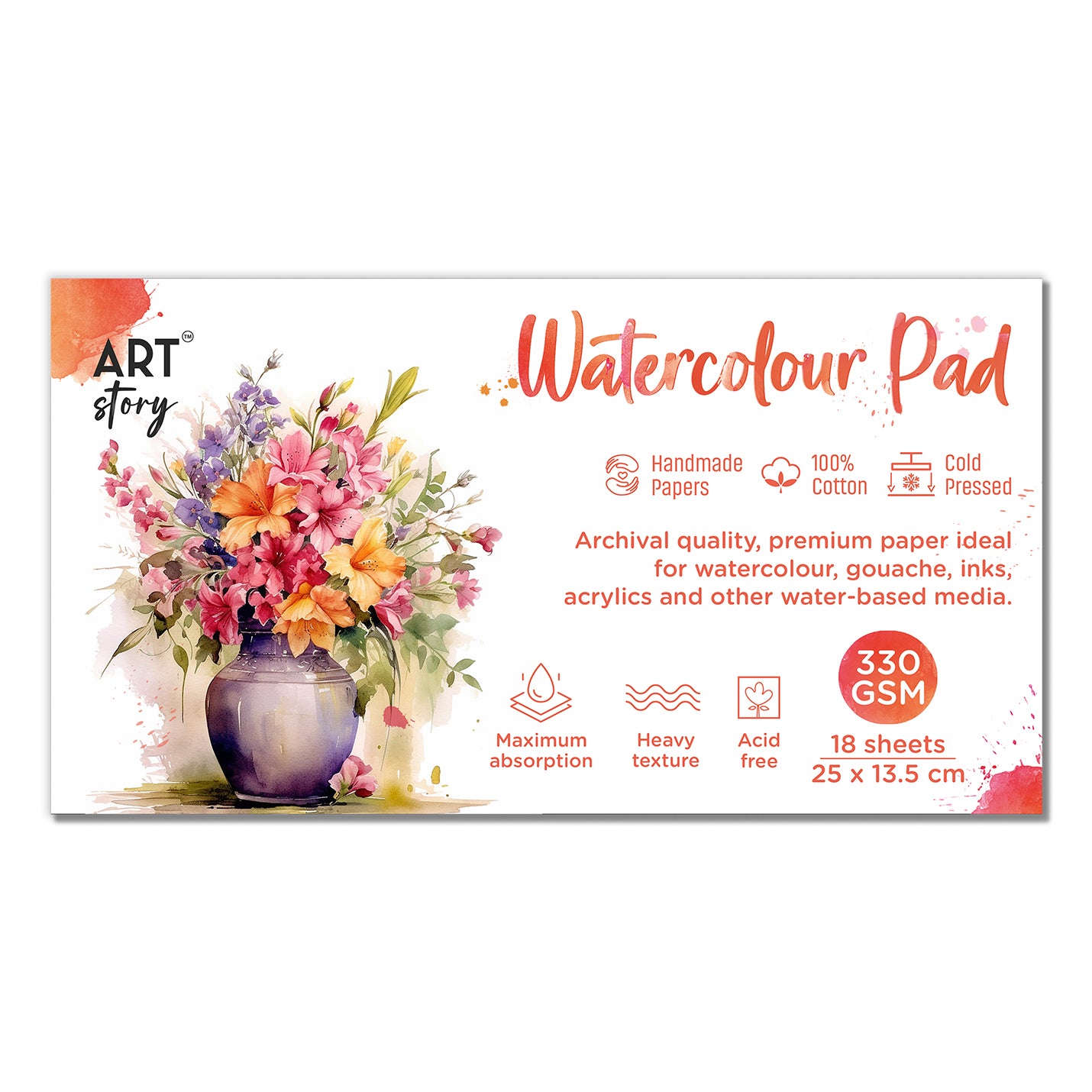 Watercolour Pad Flap Over Cover Page 25 X 13.5cm 350gsm 18 Sheets