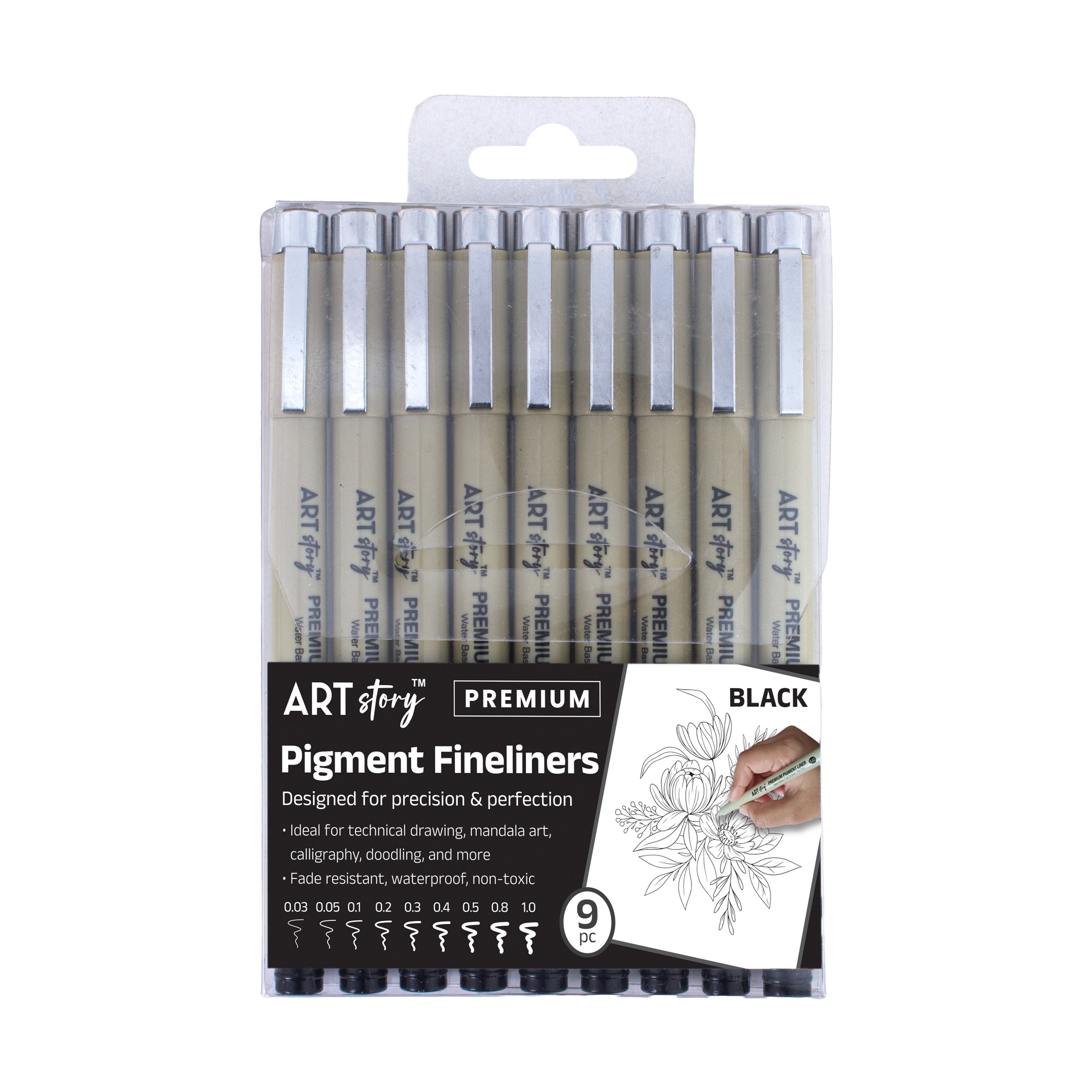 Pigment Fineliner Water Based Black 0.03/0.05/0.1/0.2/0.3/0.4/0.5/0.8/1.0 Tip Pack Of 9pc