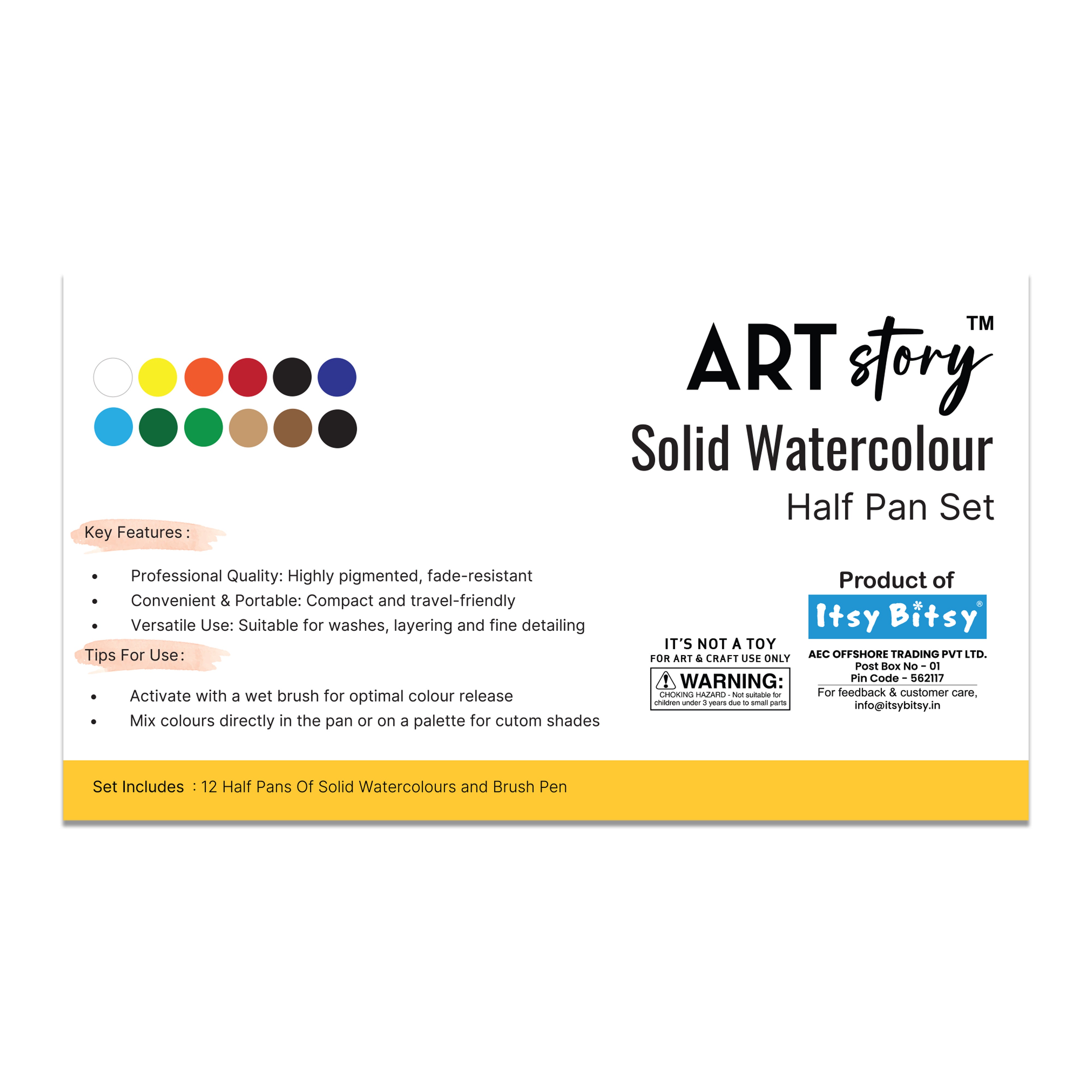 Solid Watercolour Colour Half Pan Set 12colours with Brush Pen Box