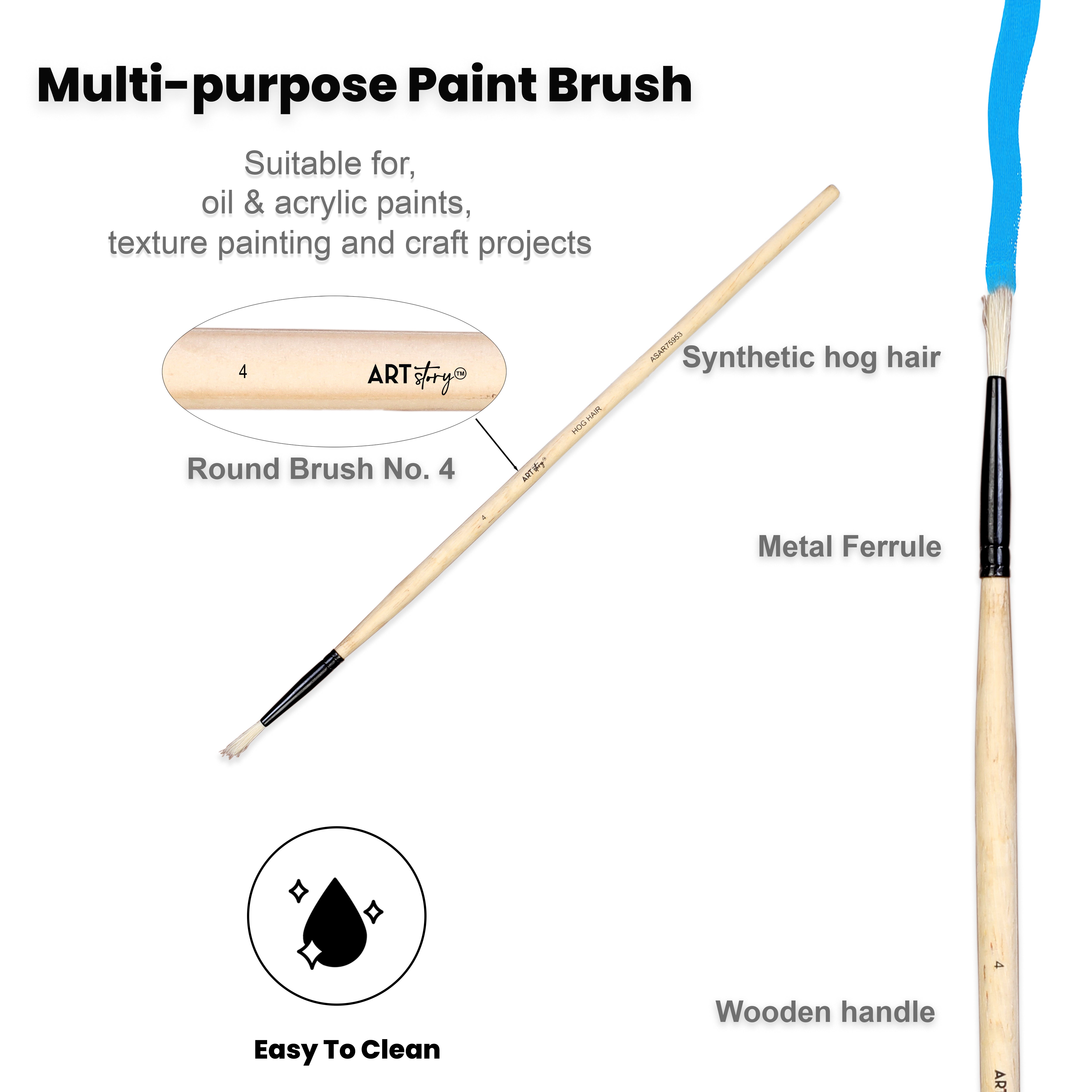 Synthetic Hog Hair Oil Round Brush Handle Length 200mm Size 4 1 pc