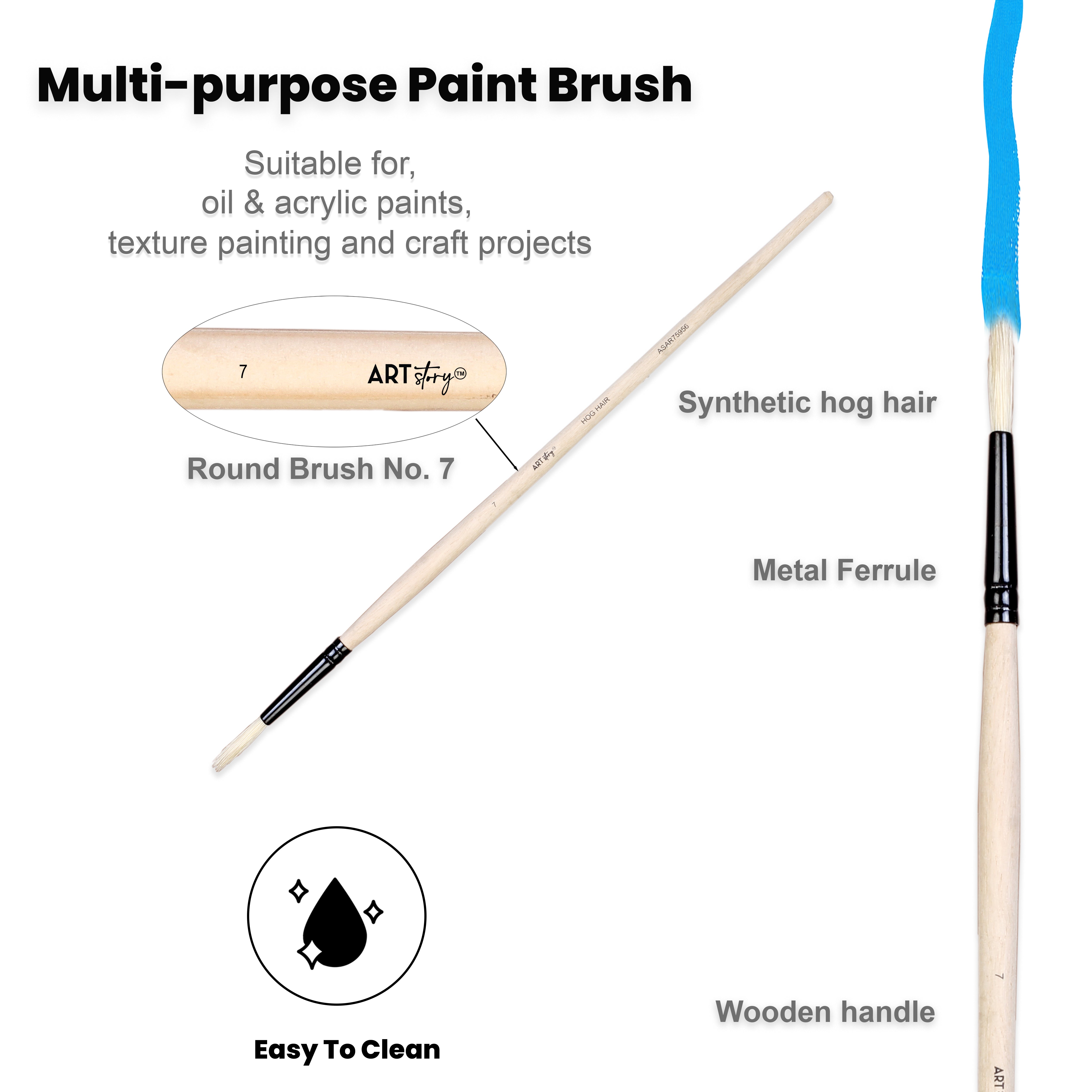 Synthetic Hog Hair Oil Round Brush Handle Length 200mm Size 8 1 pc