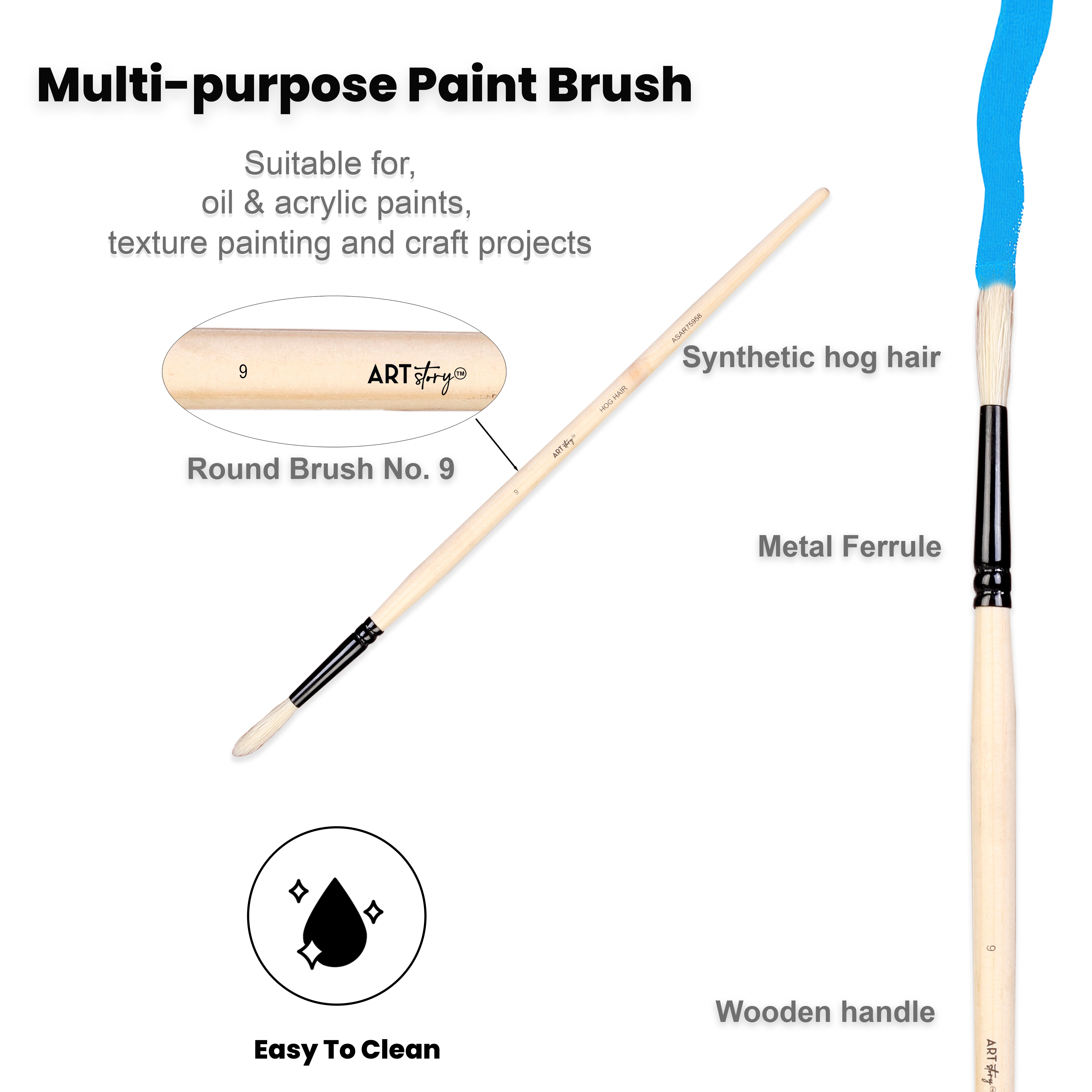 Synthetic Hog Hair Oil Round Brush Handle Length 200mm Size 9 1 pc