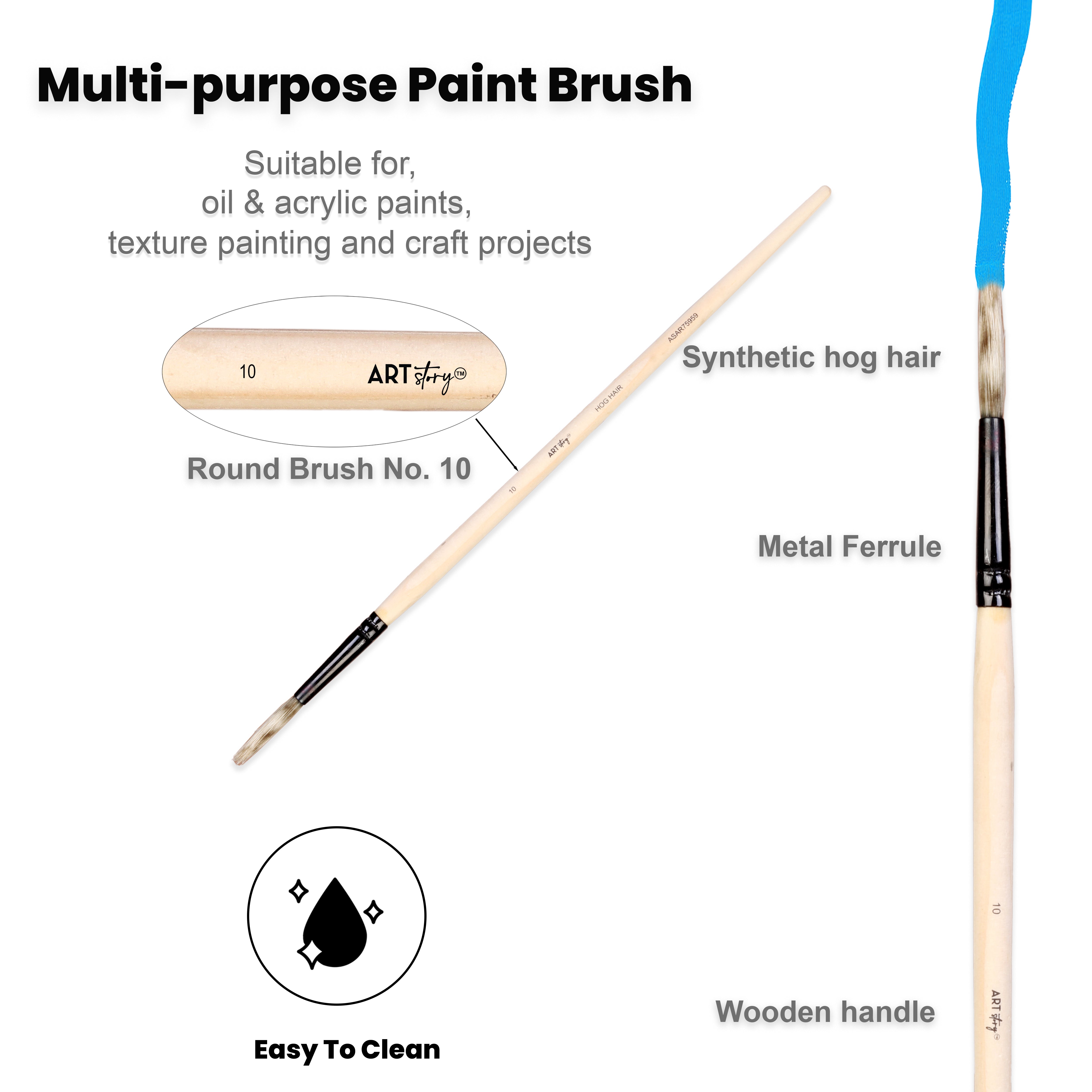 Synthetic Hog Hair Oil Round Brush Handle Length 200mm Size 10 1 pc