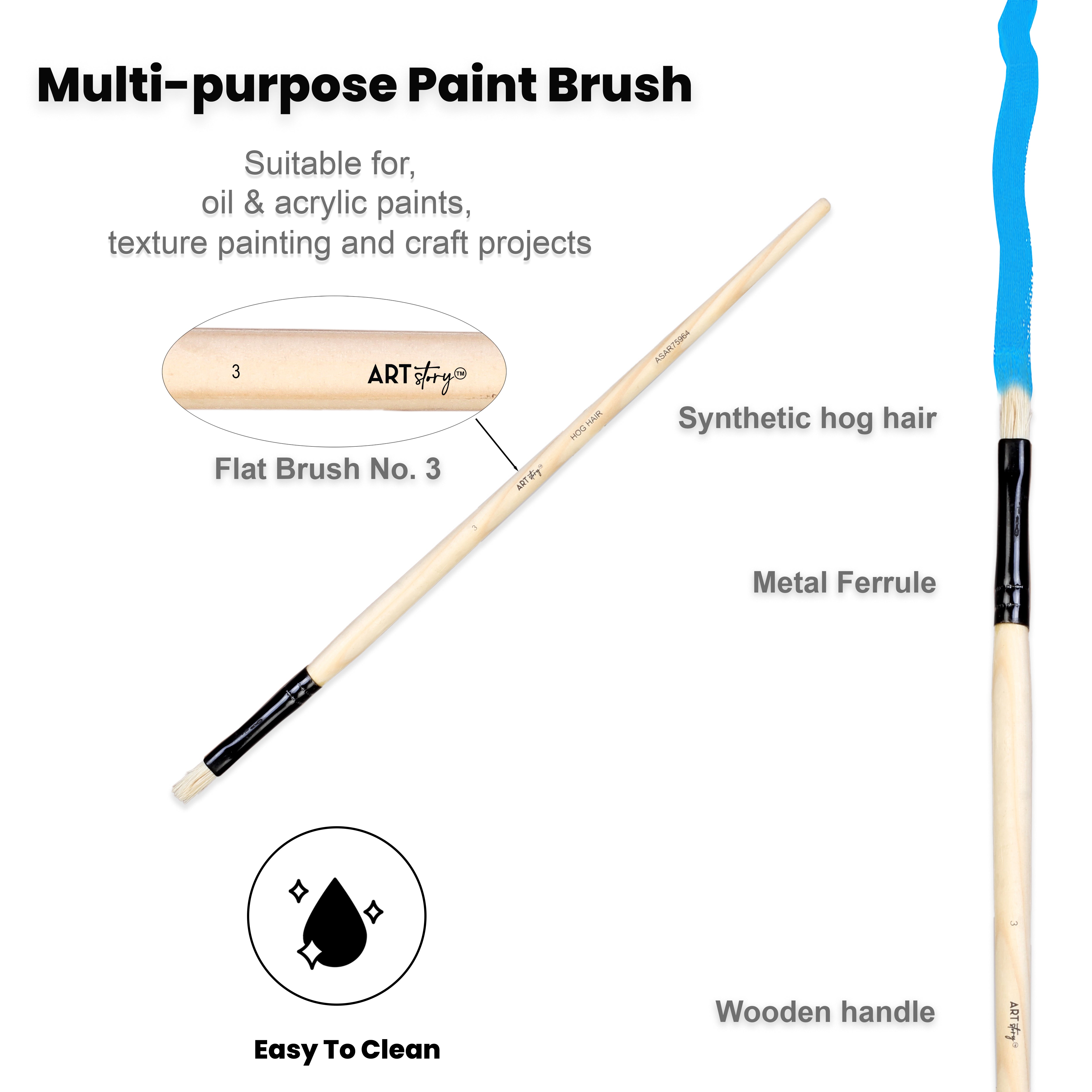 Synthetic Hog Hair Oil Flat Brush Handle Length 200mm Size 3 1 pc