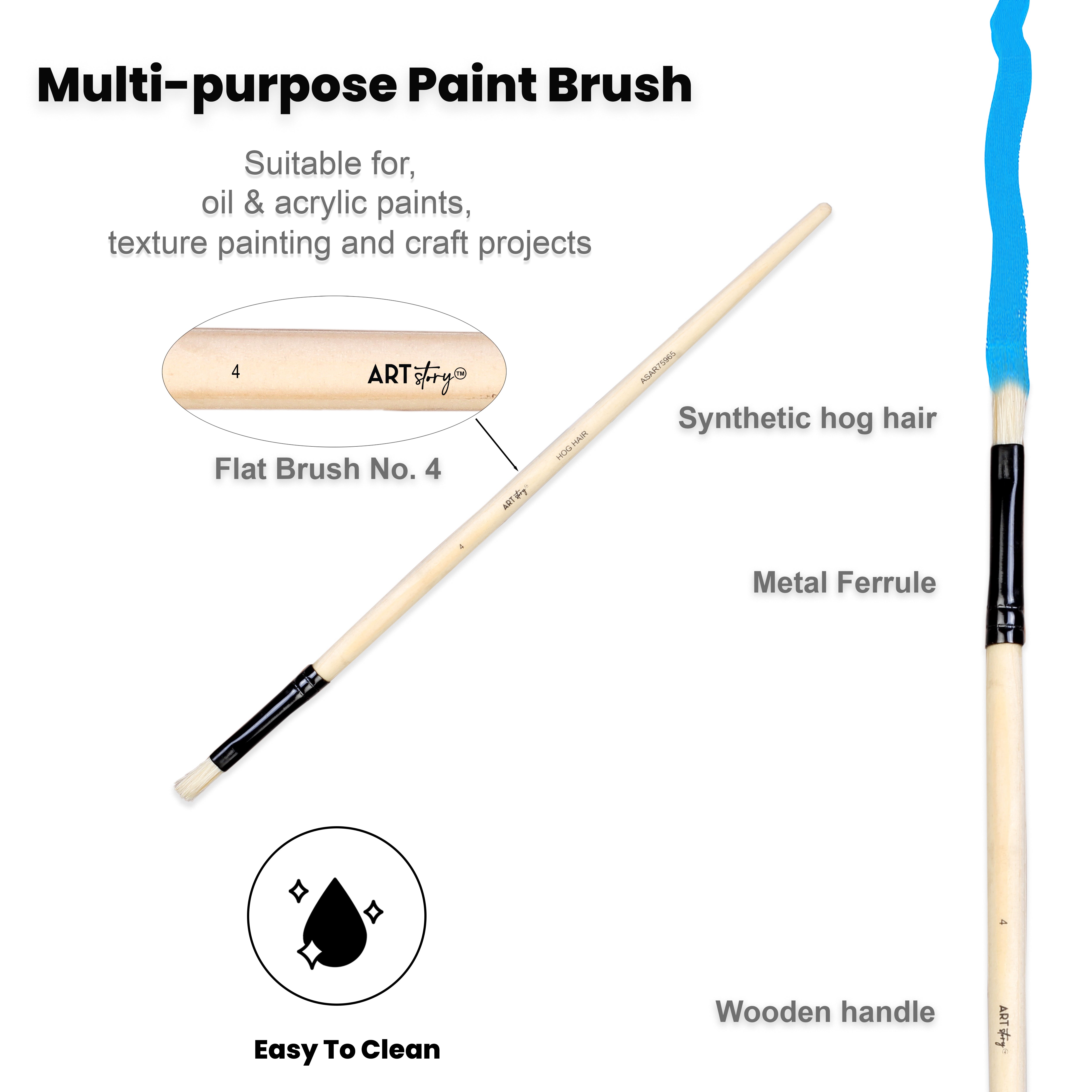 Synthetic Hog Hair Oil Flat Brush Handle Length 200mm Size 4 1 pc