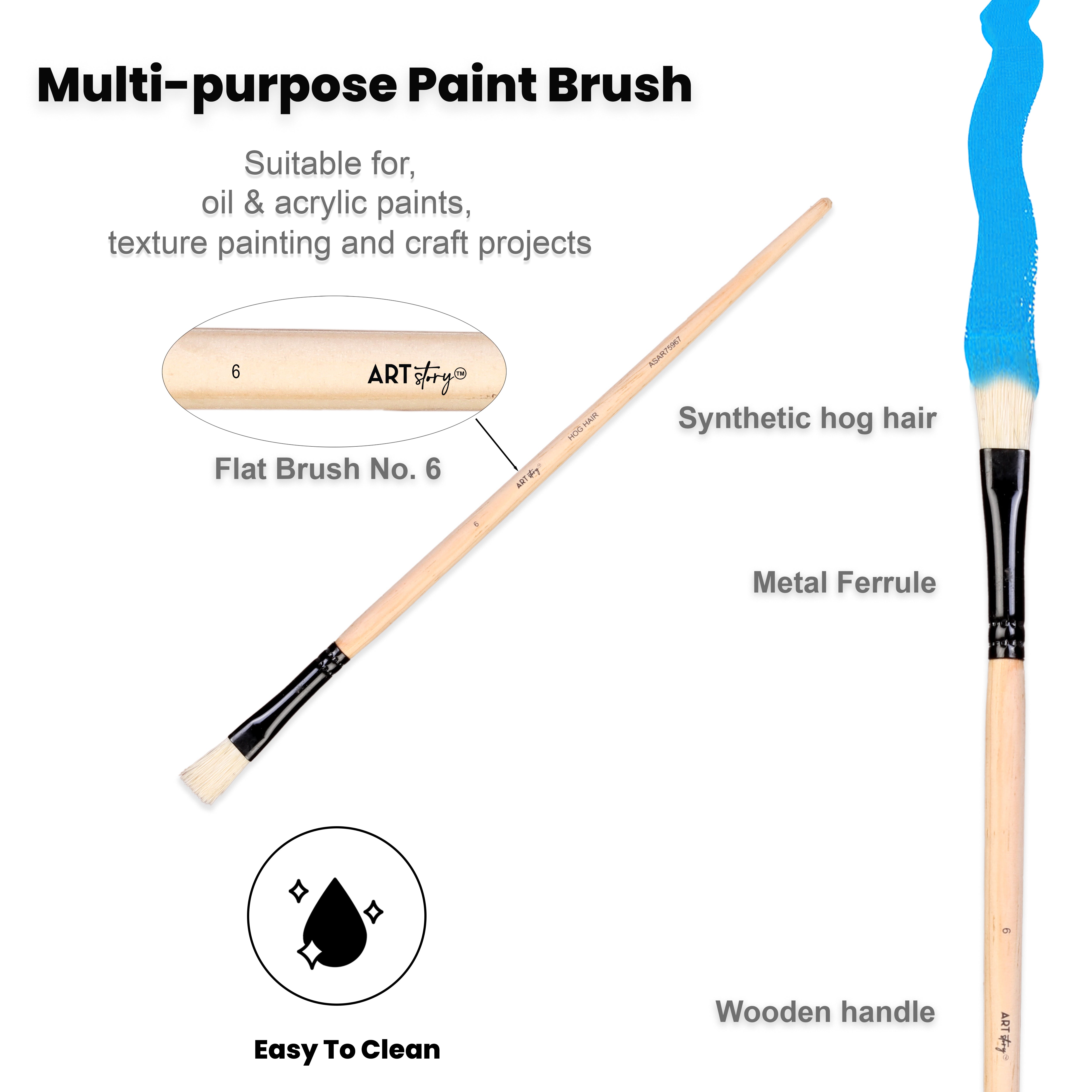 Synthetic Hog Hair Oil Flat Brush Handle Length 200mm Size 6 1 pc