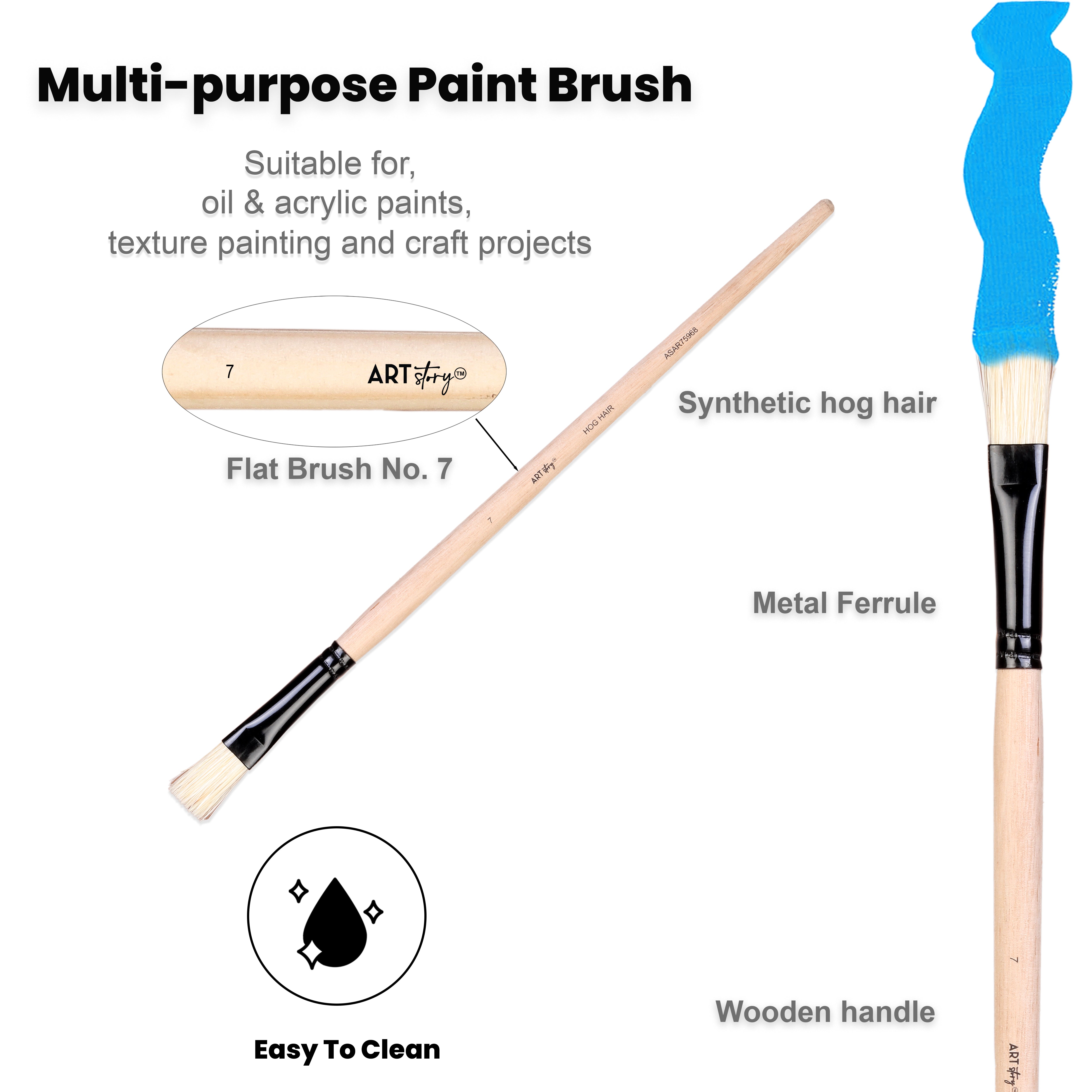Synthetic Hog Hair Oil Flat Brush Handle Length 200mm Size 7 1 pc