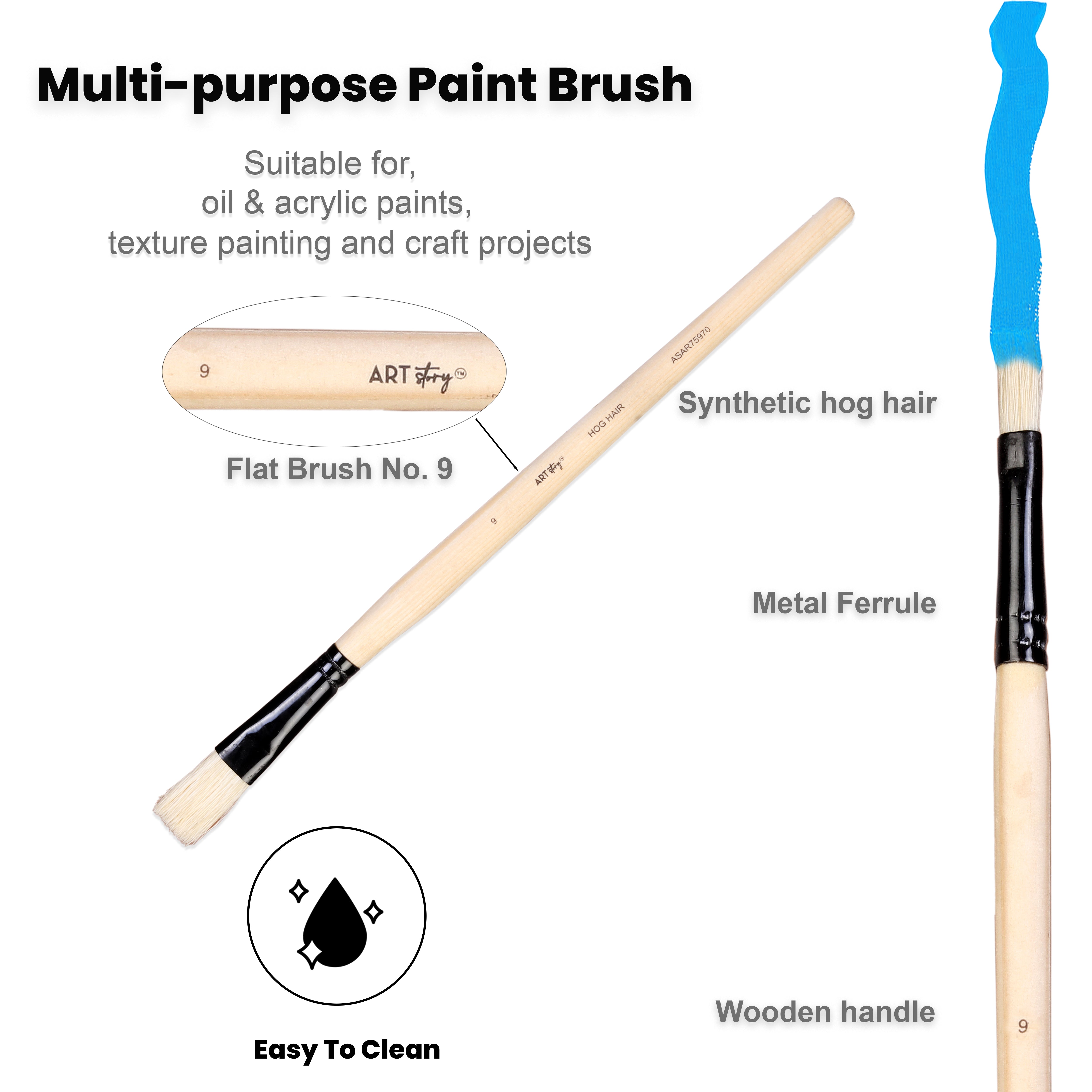Synthetic Hog Hair Oil Flat Brush Handle Length 200mm Size 9 1 pc