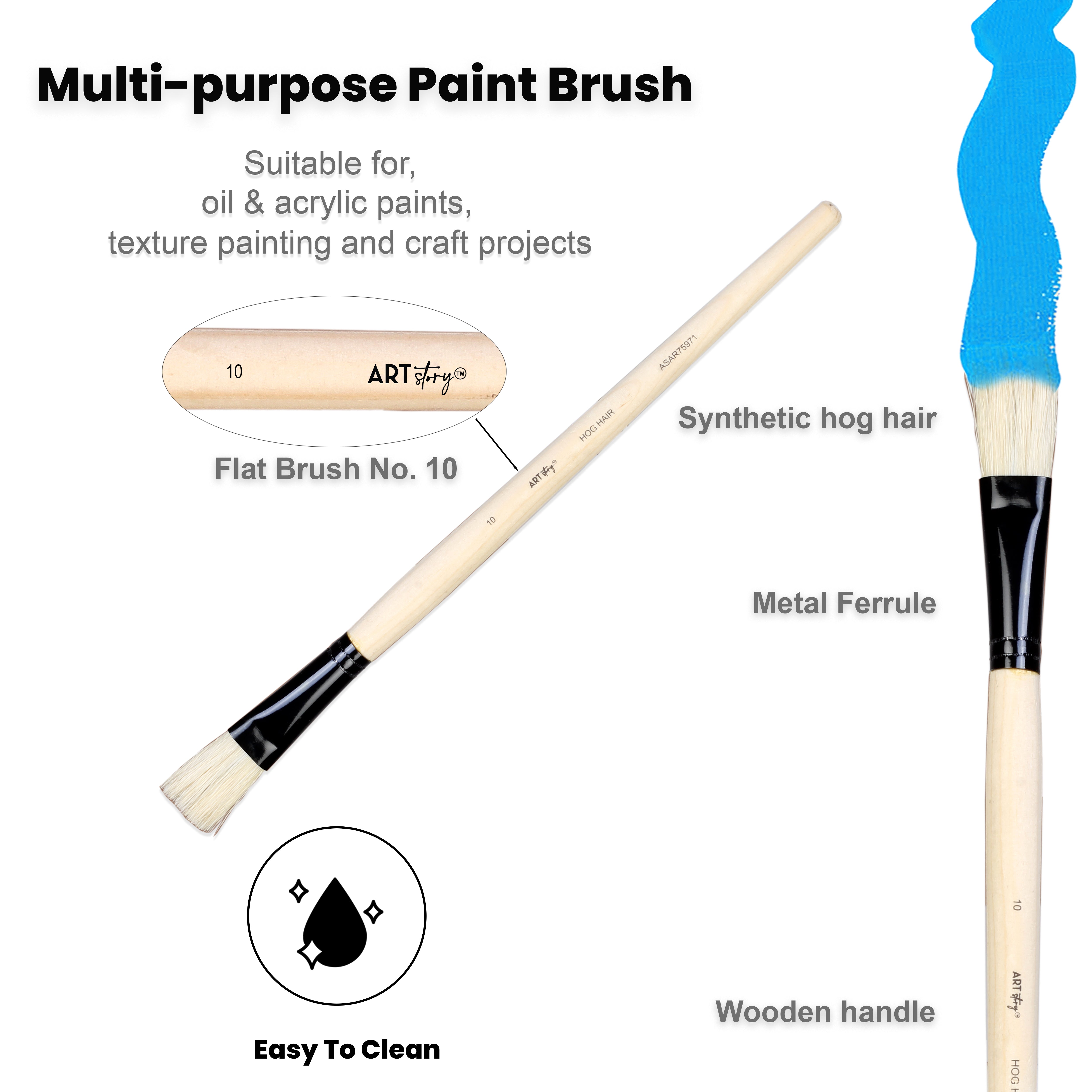 Synthetic Hog Hair Oil Flat Brush Handle Length 200mm Size 10 1 pc