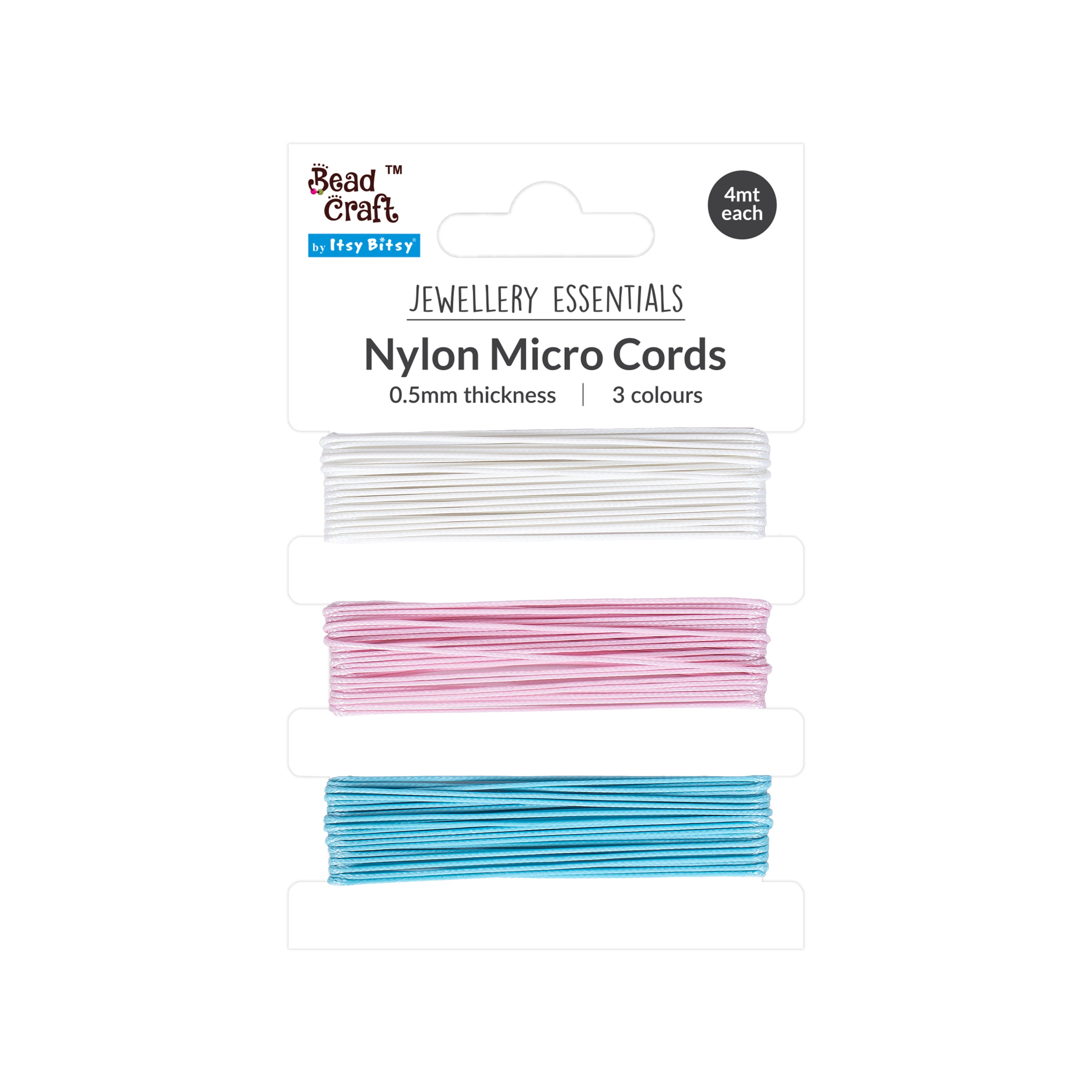 Nylon Micro Cord 0.5mm White, Light Pink, Aqua Blue Each 4mtr PBCI BC