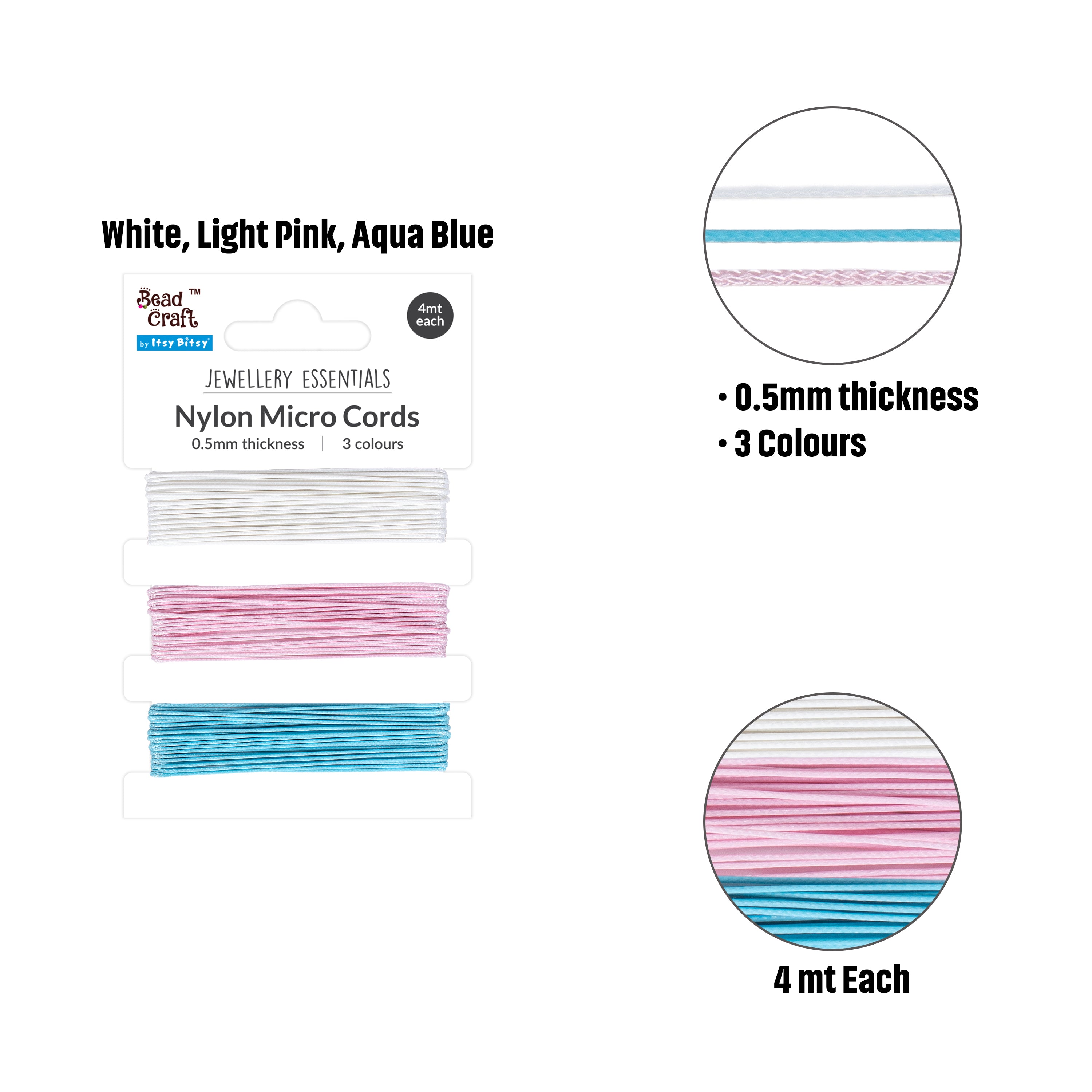 Nylon Micro Cord 0.5mm White, Light Pink, Aqua Blue Each 4mtr PBCI BC