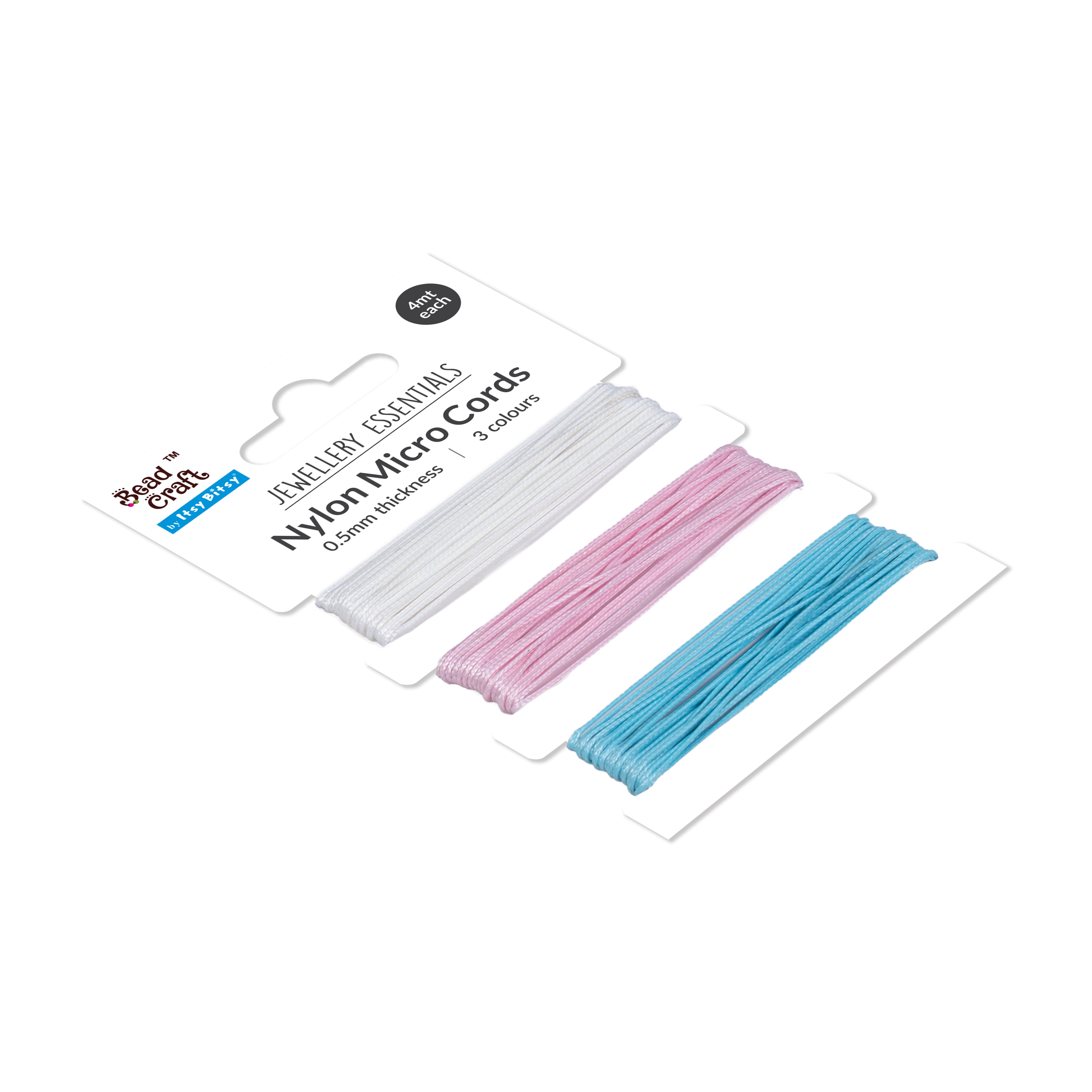 Nylon Micro Cord 0.5mm White, Light Pink, Aqua Blue Each 4mtr PBCI BC
