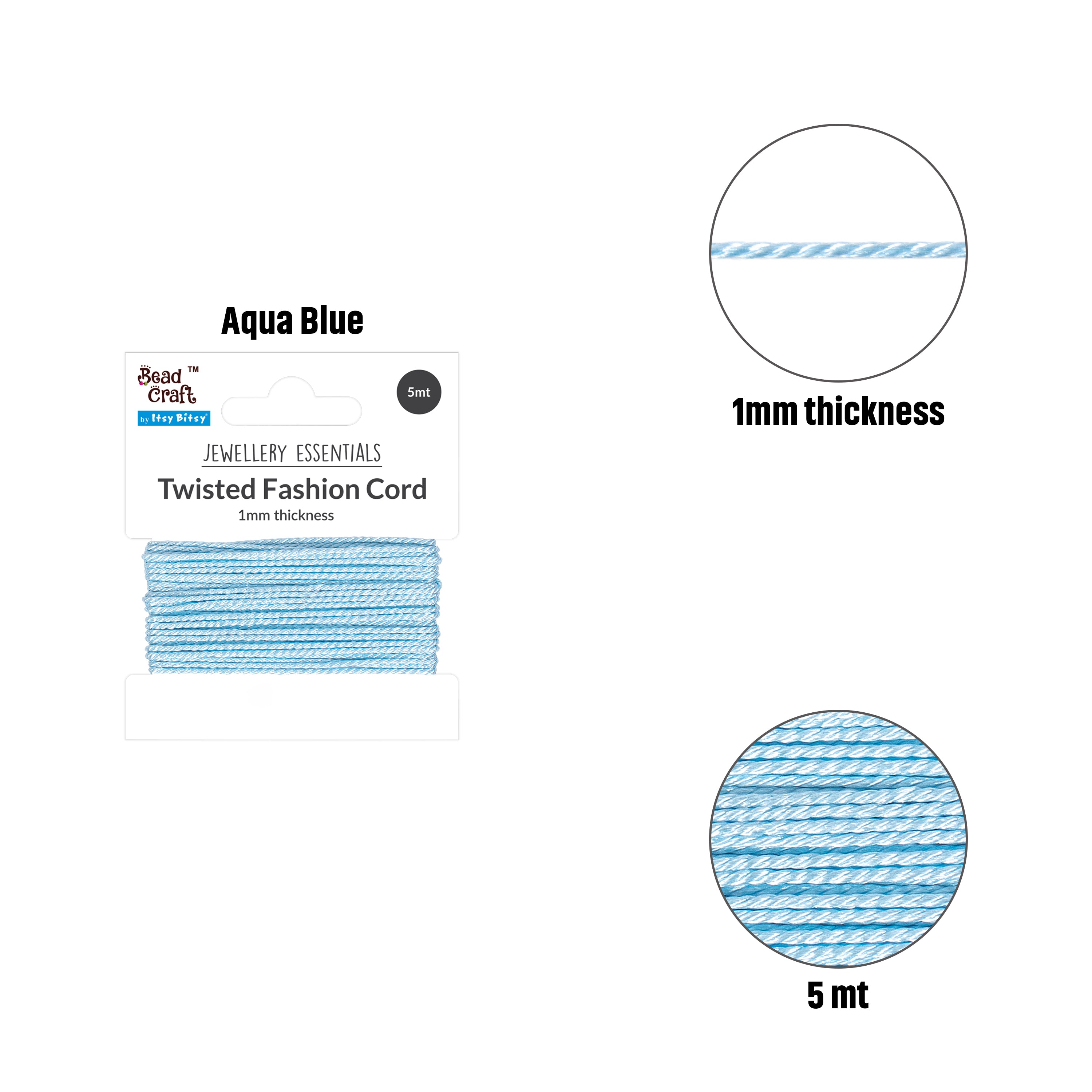 Nylon Twisted Cord 0.5mm Aqua Blue 5mtr