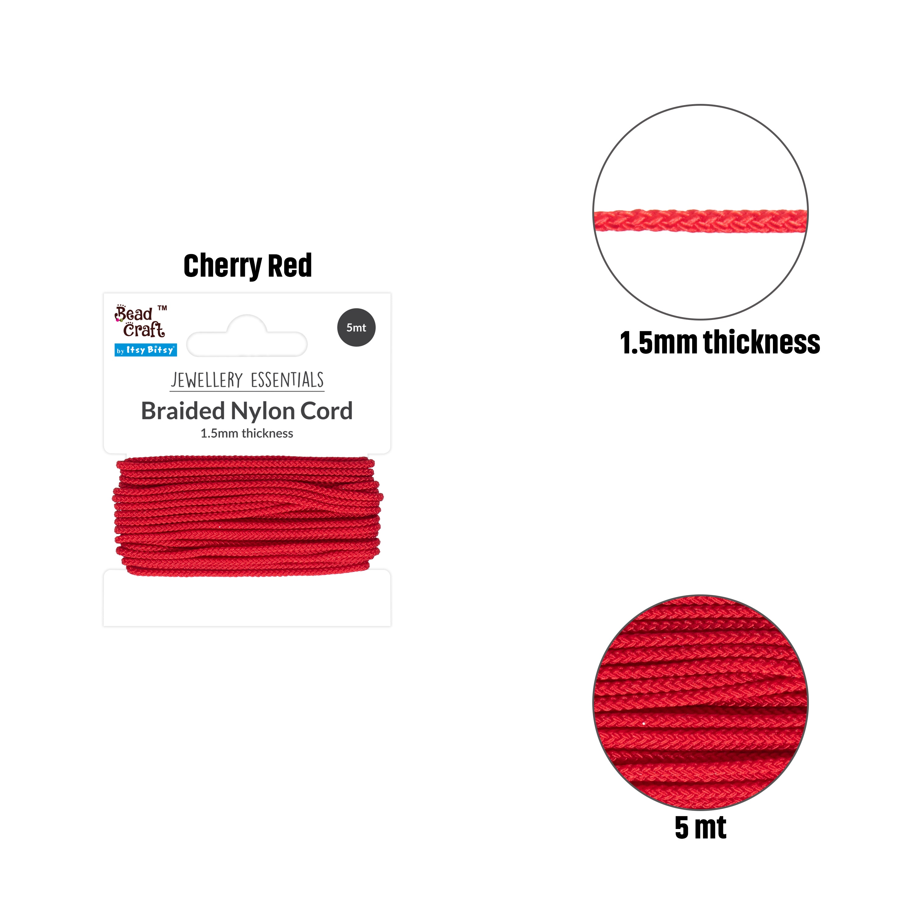 Nylon Braided Cord 1.5mm Cherry Red 5mtr