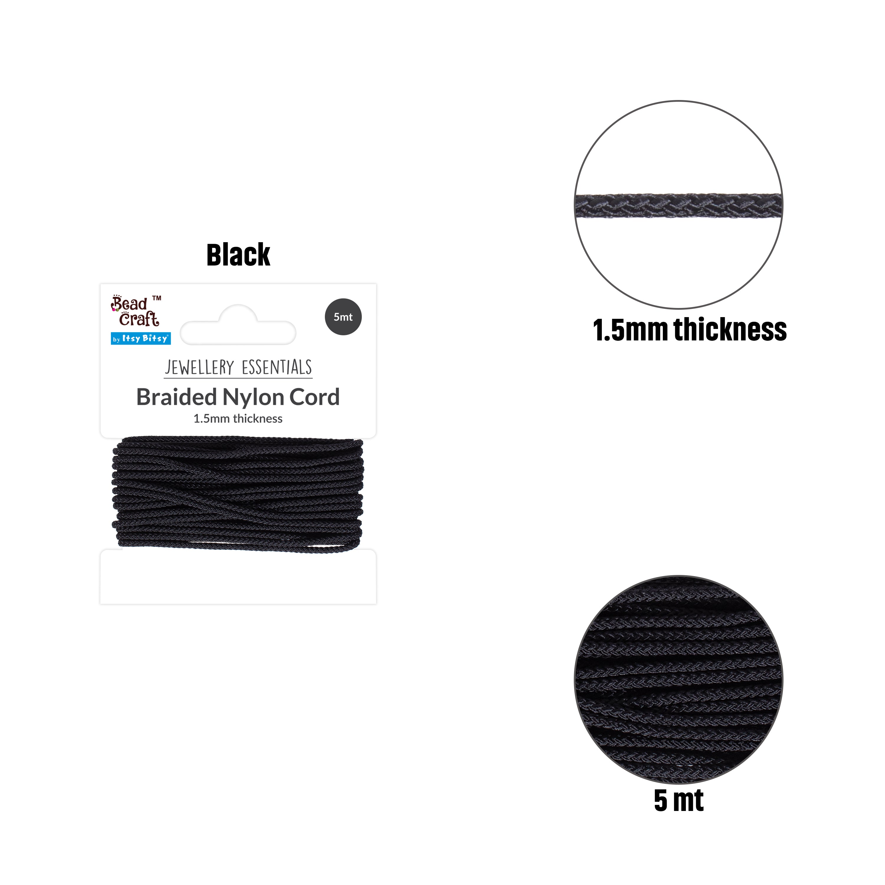 Nylon Braided Cord 1.5mm Black 5mtr