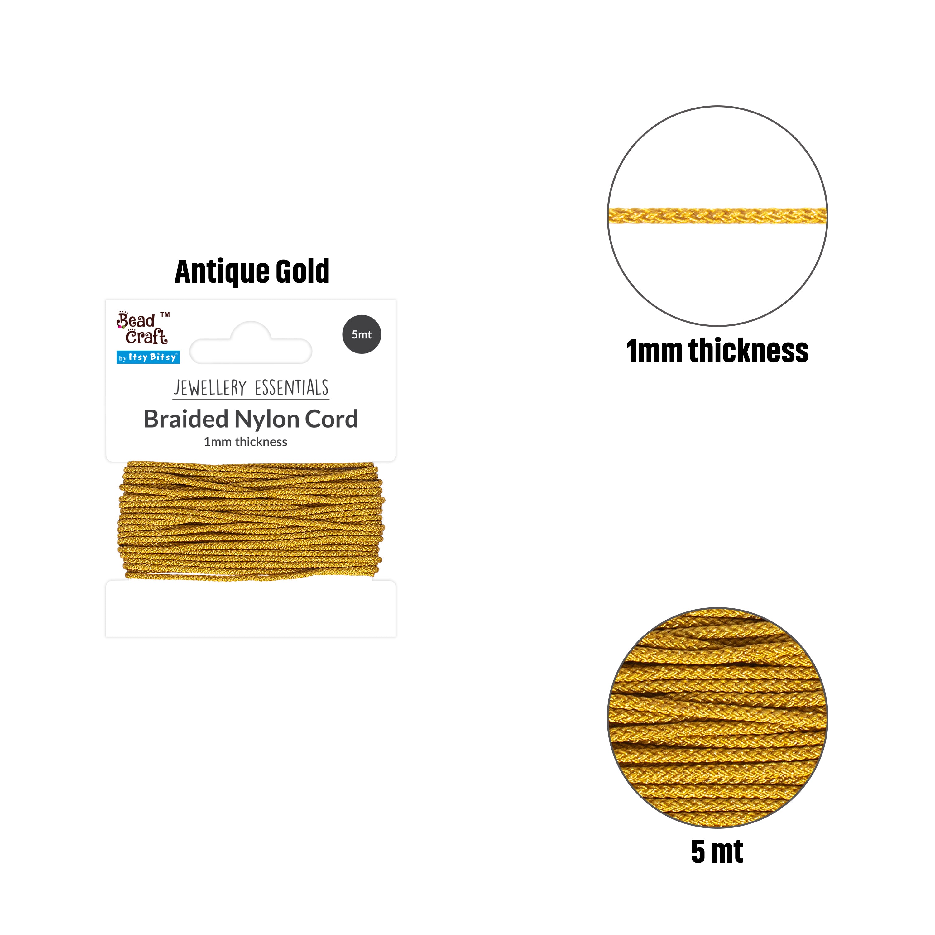 Nylon Braided Cord 1mm Antique Gold 5mtr