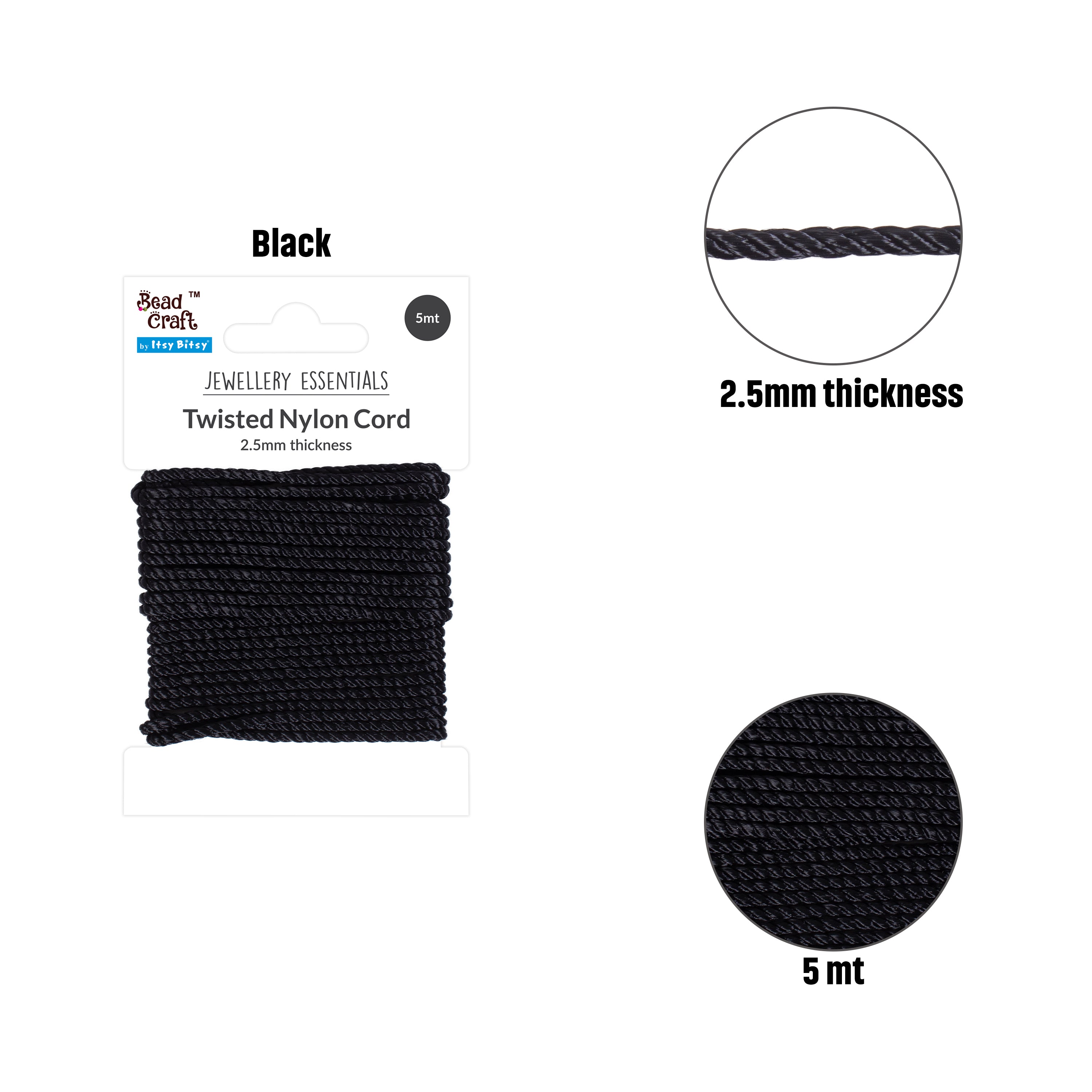 Nylon Twisted Cord 2.5mm Black 5mtr