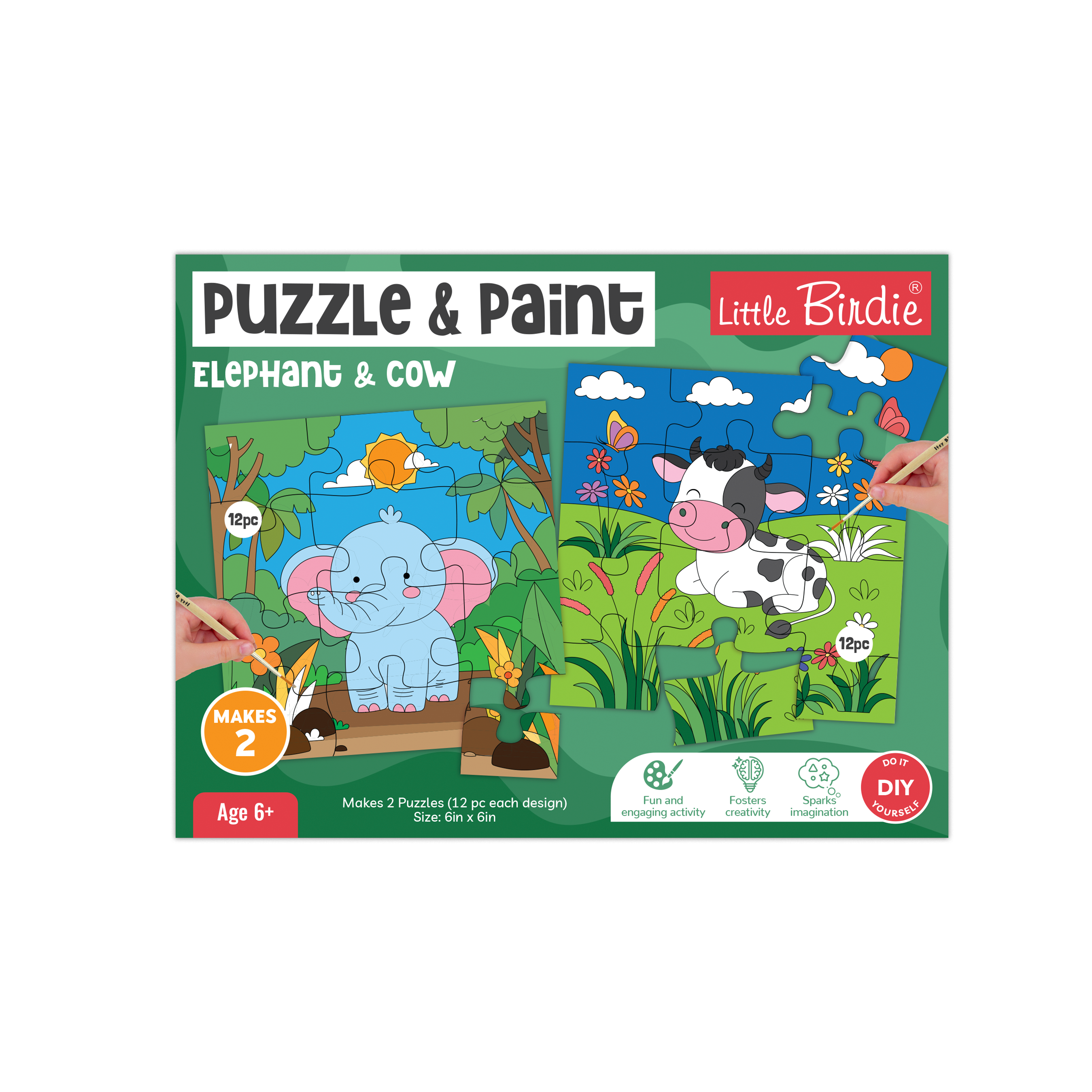 DIY Paint and Play Jigsaw Puzzle Kit - Cow & Elephant, 1 Box