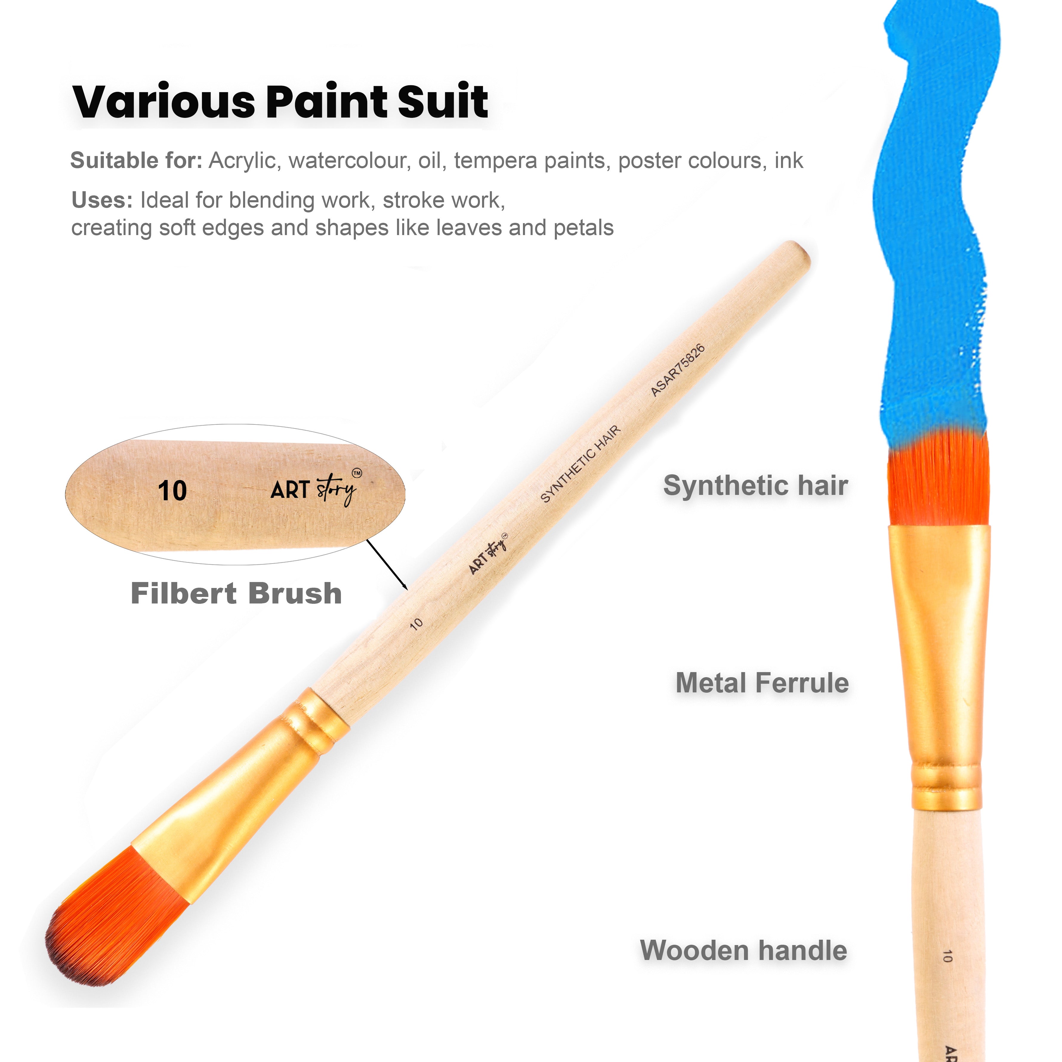 Filbert Brush Synthetic Hair Size 10 Handle Length 150mm
