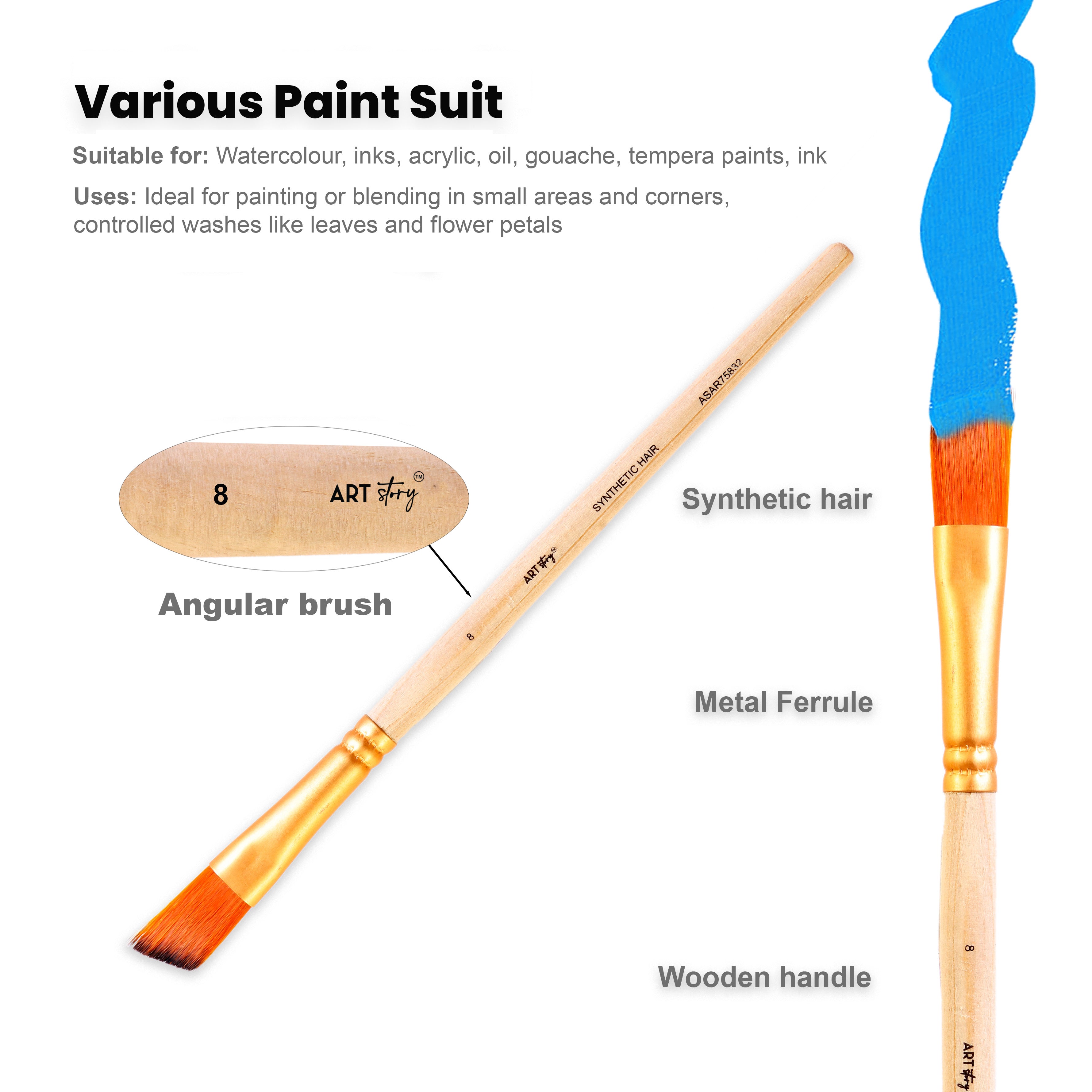 Angular Brush Synthetic Hair Size 8 Handle Length 150mm