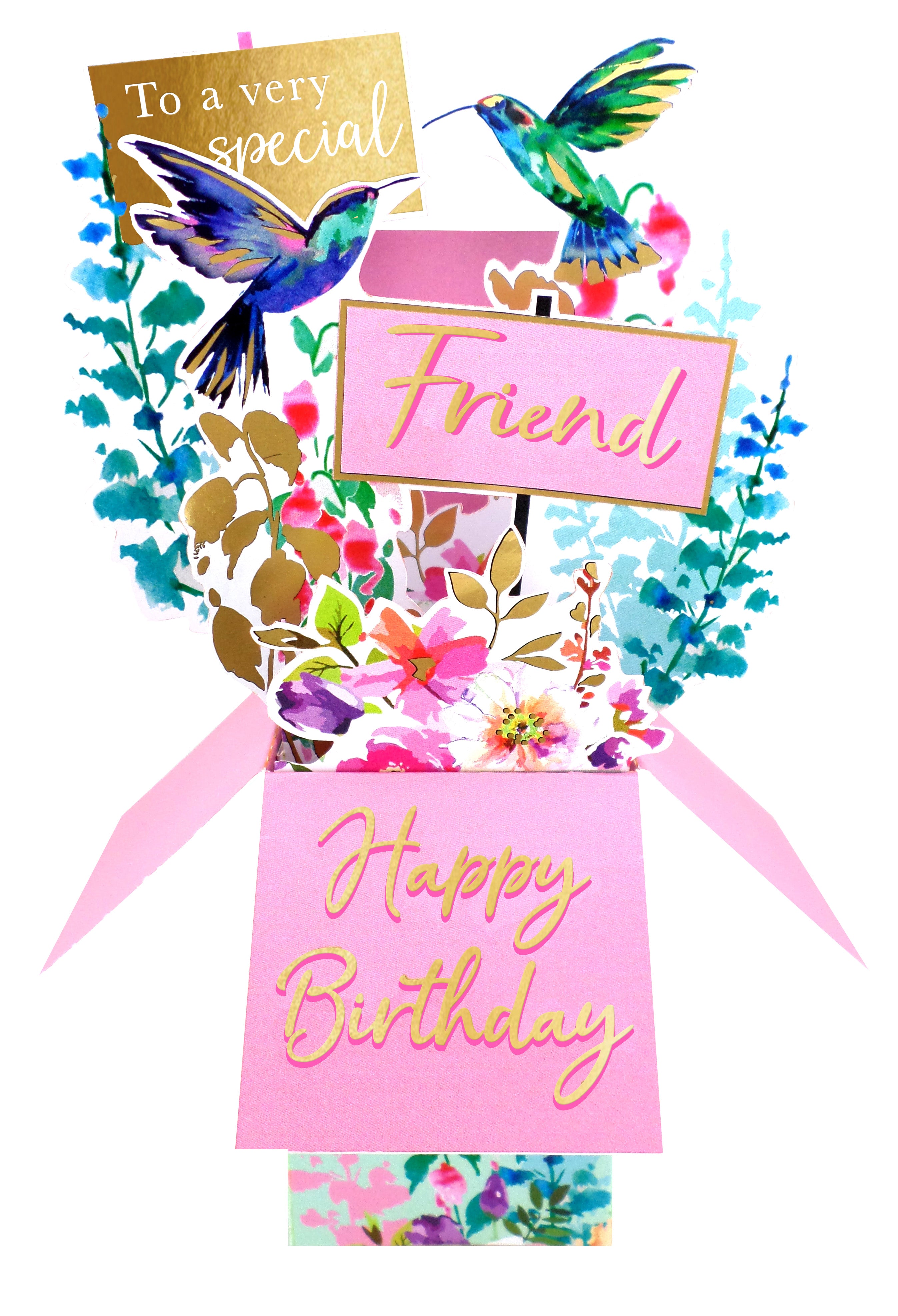 3D Pop Up Greeting Card & Envelope - Happy Birthday Friend | Hummingbirds Theme