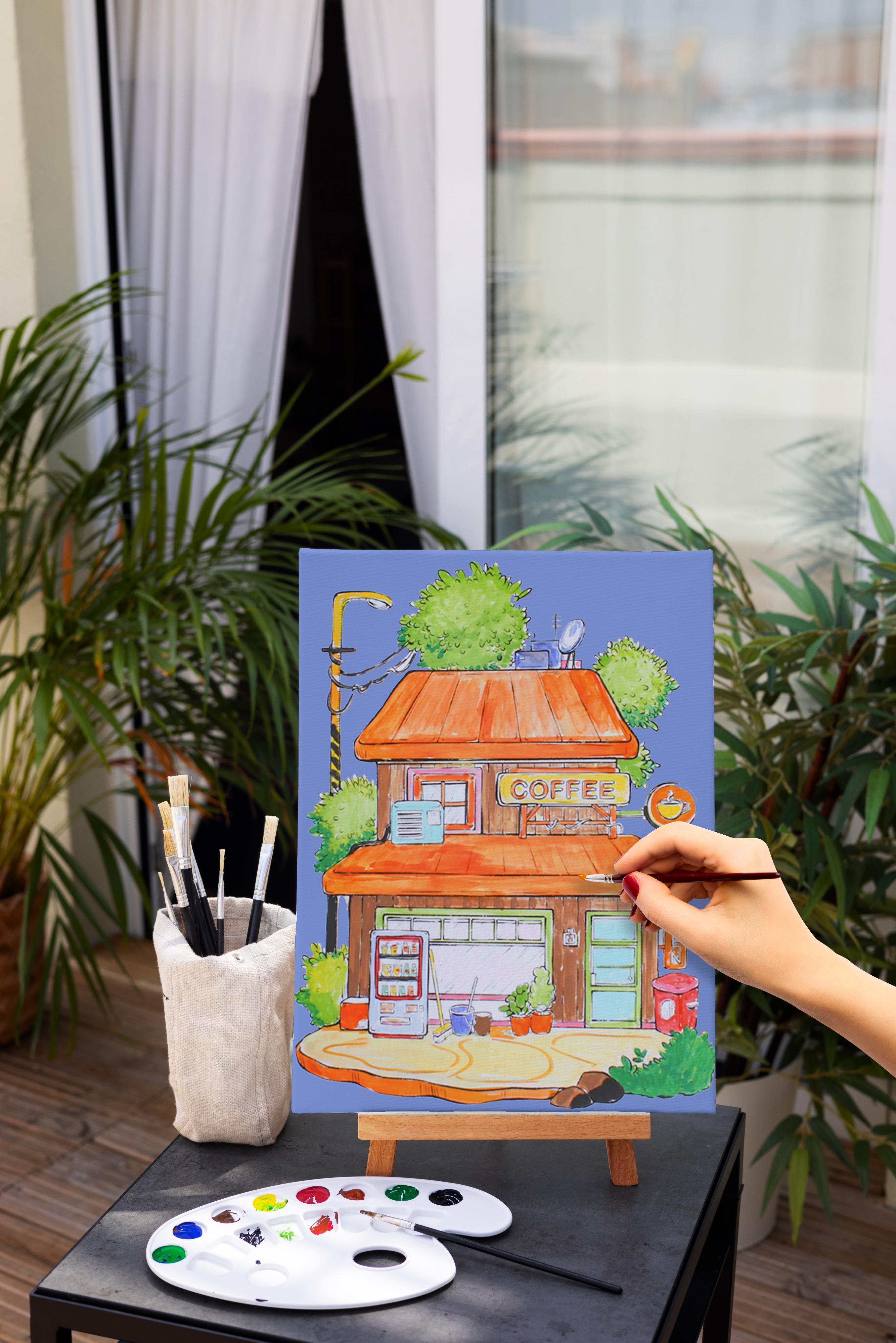 Paint By Numbers - Coffee Shop, anvas L8in X W12in, Easel L24cm X W20.5cm (approx)